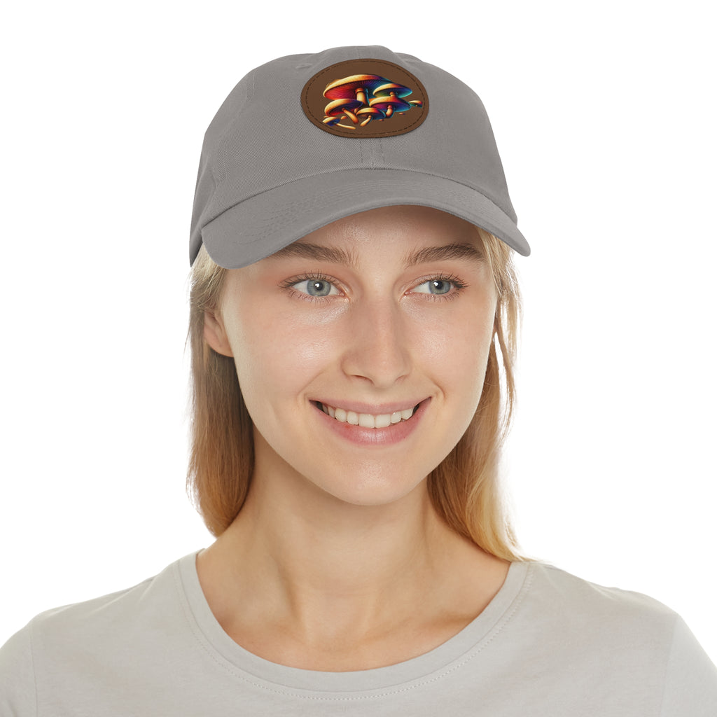 Mushroom Patch Dad Hat — Colorful Psychedelic Fungi Leather Patch Cap