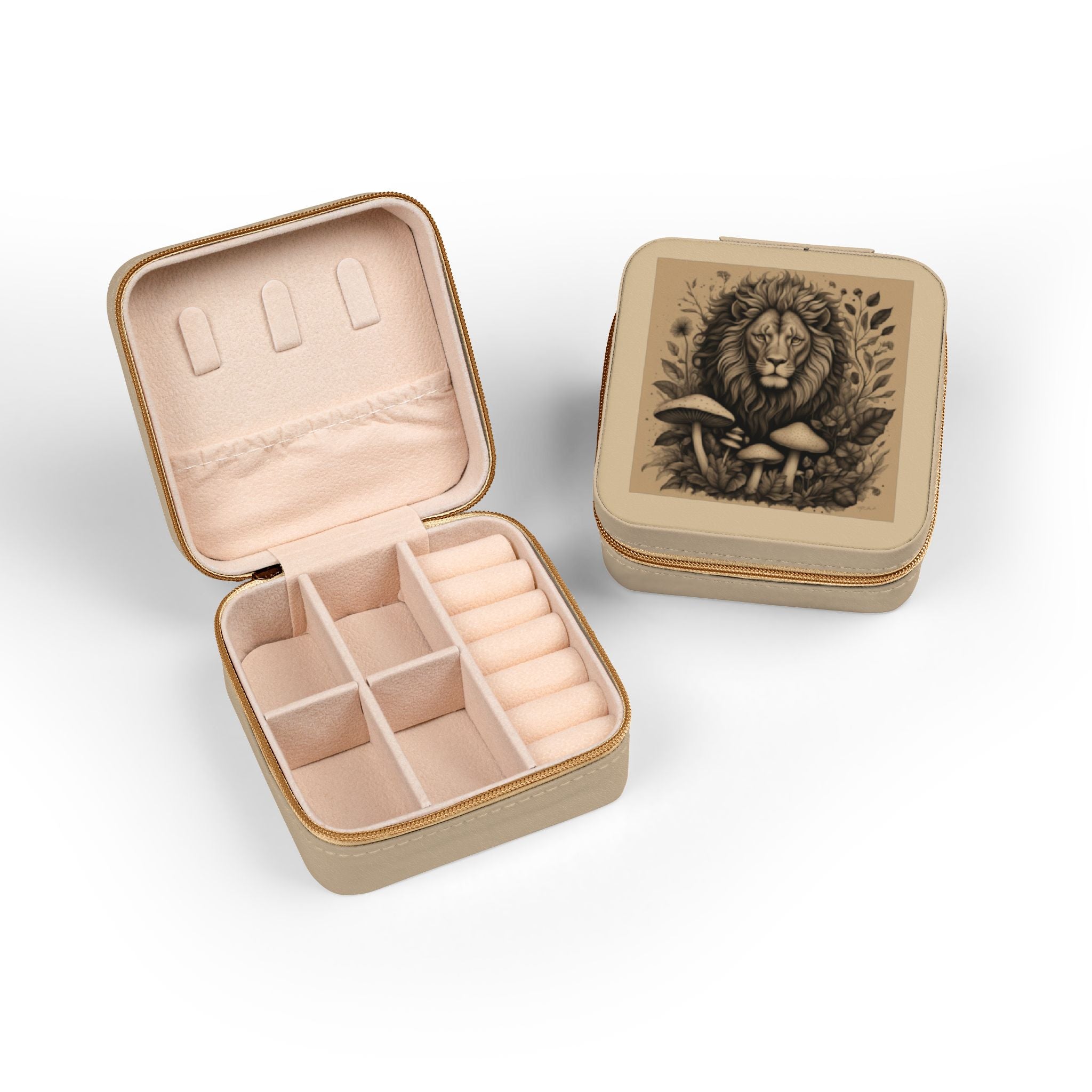 Lion & Mushrooms Jewelry Travel Case — Compact Organizer for Rings, Earrings & Necklaces