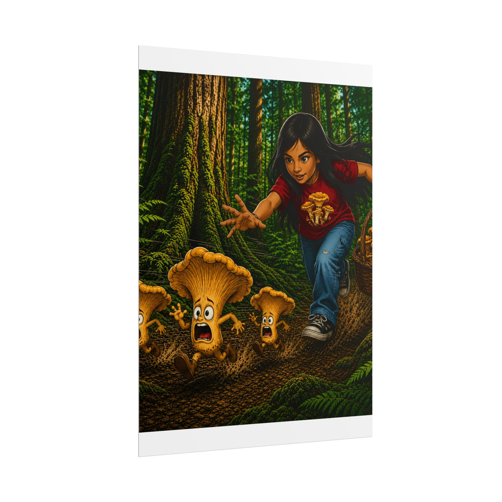 Rolled Poster: Girl Chasing Animated Mushrooms Forest Art Print