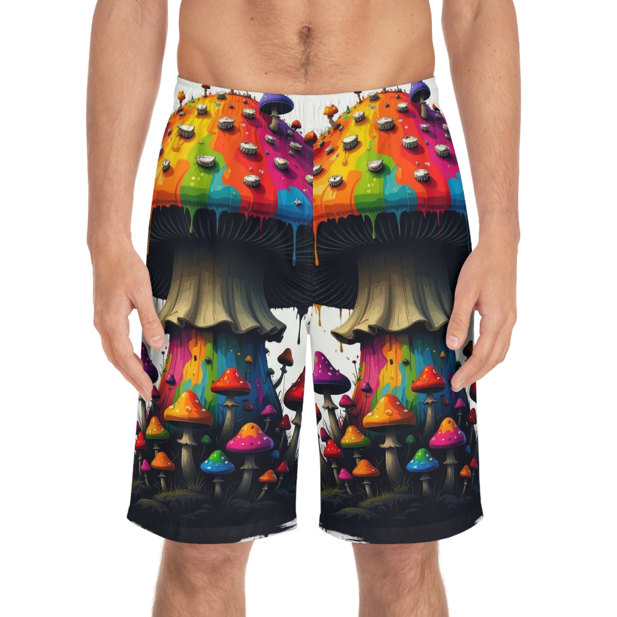 Psychedelic Rainbow Mushroom Board Shorts — Men's All-Over Print
