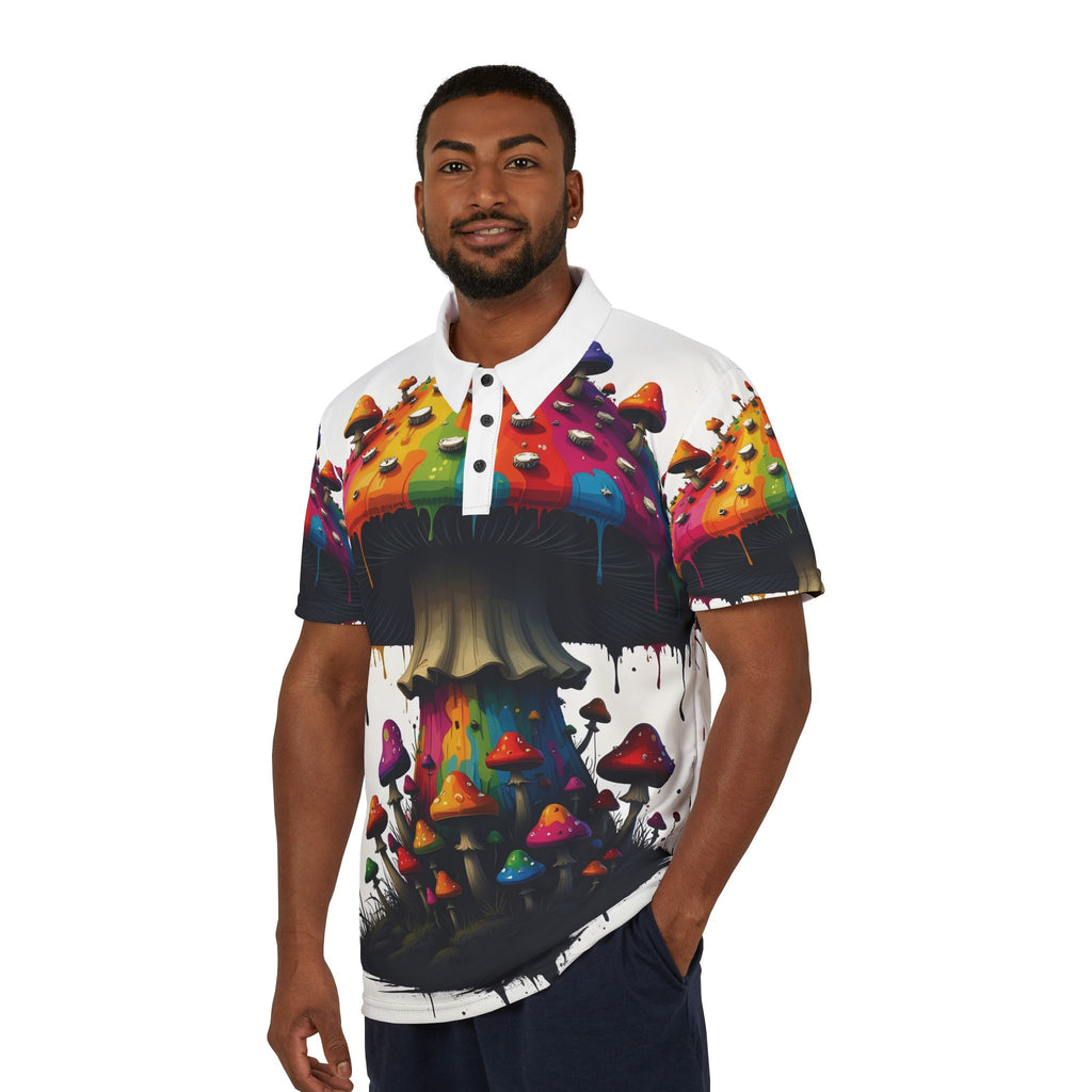 Psychedelic Mushroom Polo Shirt — Colorful Dripping Fungi All-Over Print