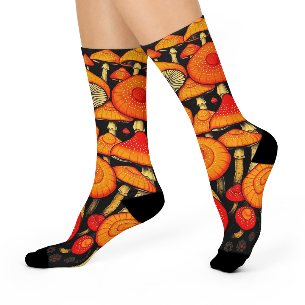 Socks: Mushroom Pattern Cushioned Crew Socks - Orange Fungi Graphic