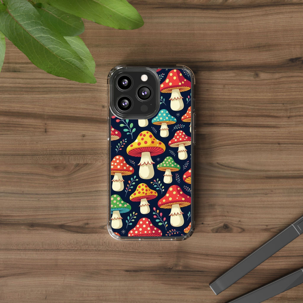 Phone Case: Mushroom Pattern Clear Phone Case — Colorful Toadstool Floral Design