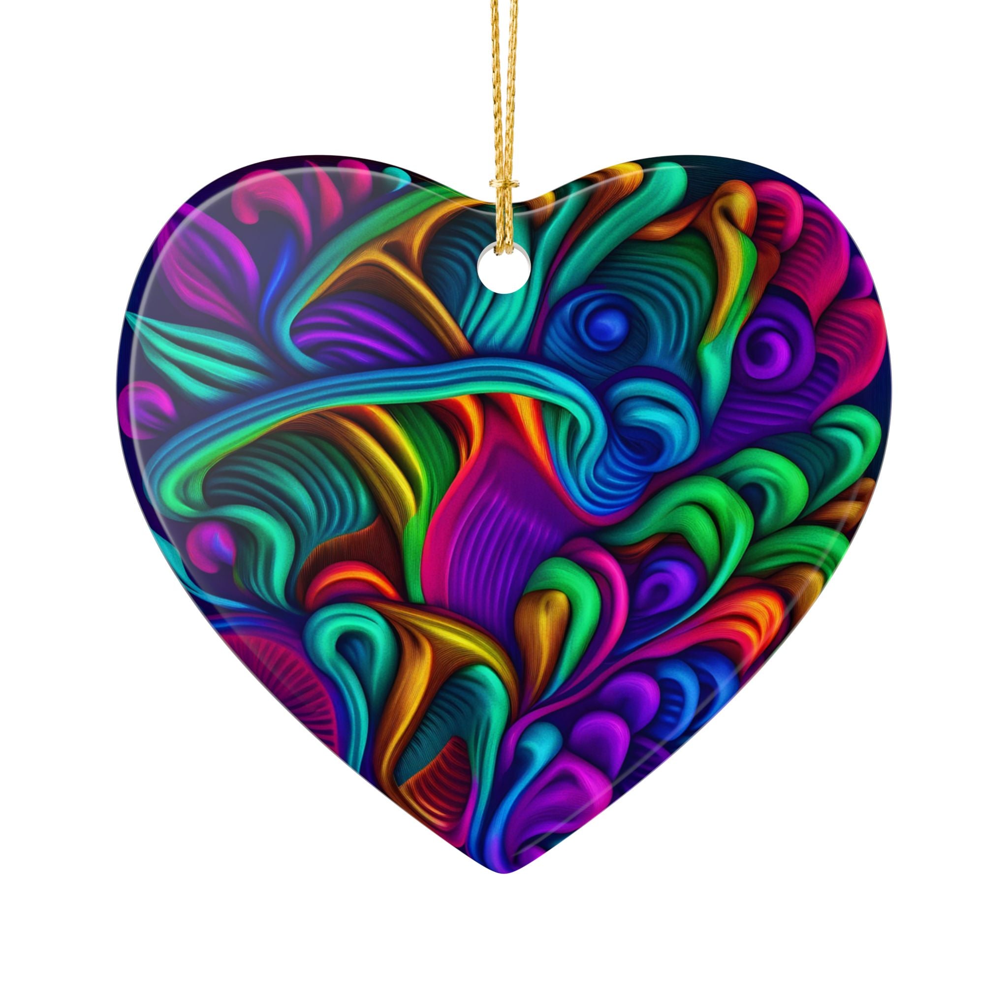 Ceramic Ornament: Heart Ceramic Ornament — Vibrant Abstract Rainbow Swirl Decoration