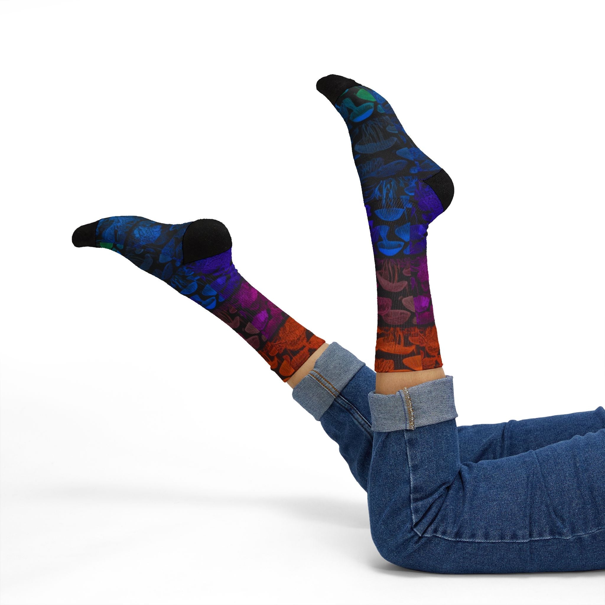 Mushroom Tie-Dye Sublimation Socks — Colorful Psychedelic Fungi Crew Socks