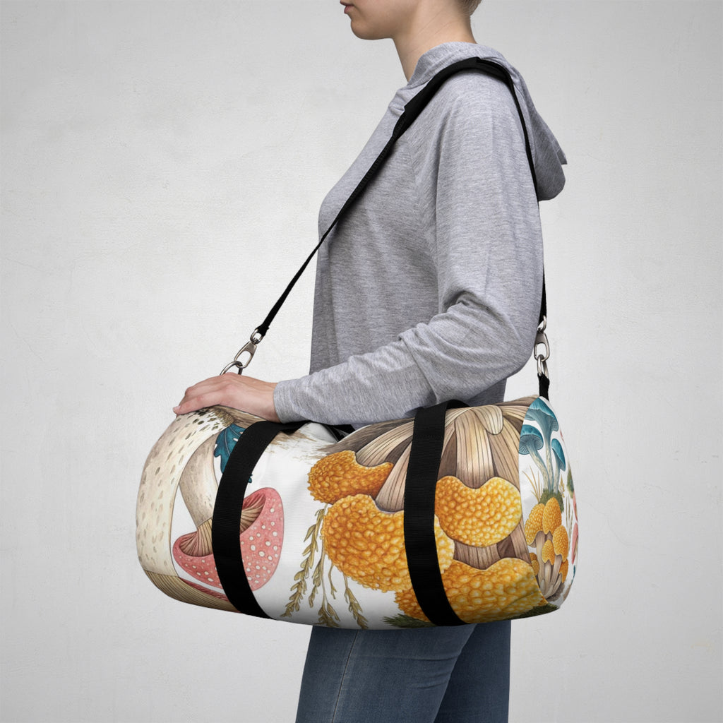 Mushroom Garden Duffel Bag — Botanical Blue & Pink Fungi Travel Bag