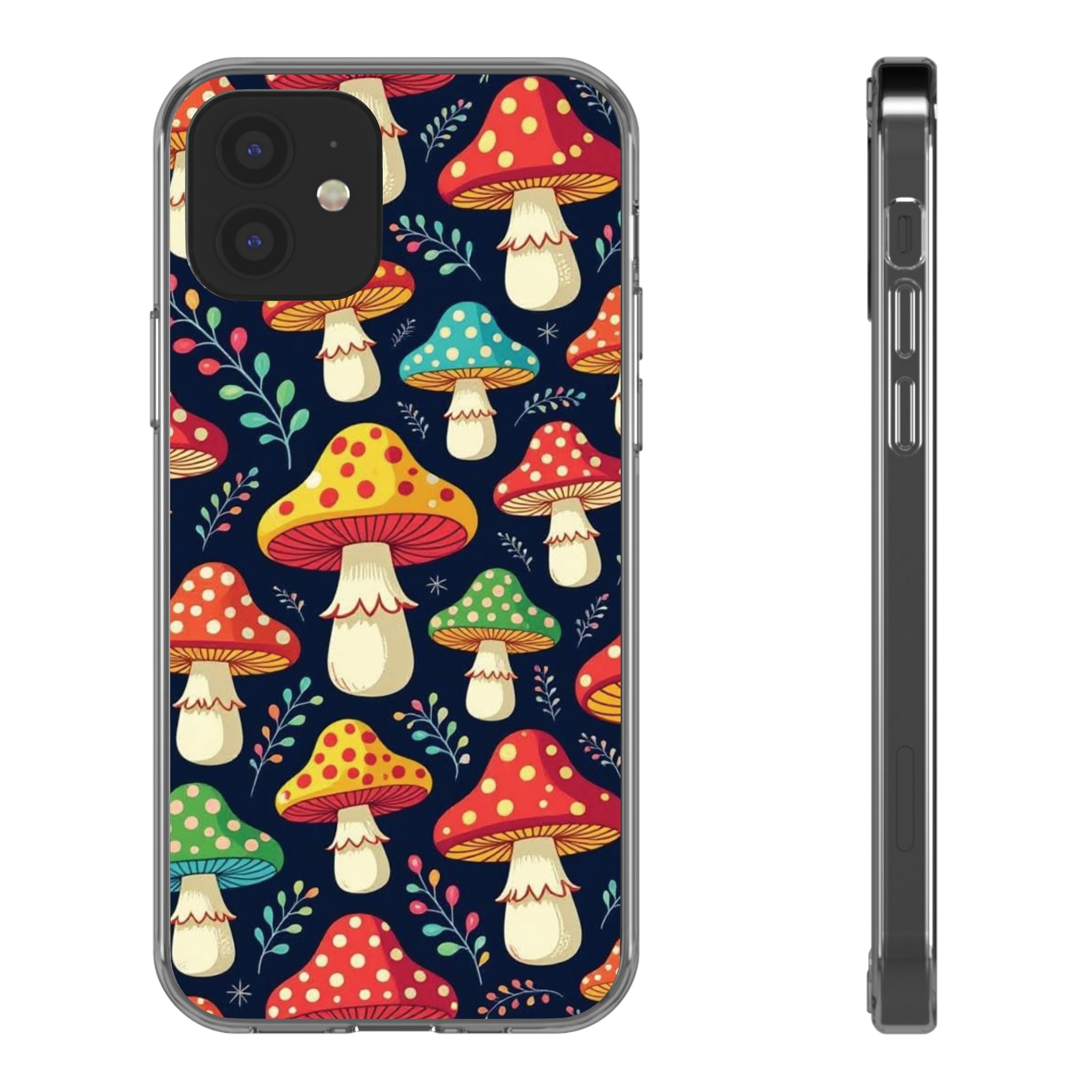 Phone Case: Mushroom Pattern Clear Phone Case — Colorful Toadstool Floral Design