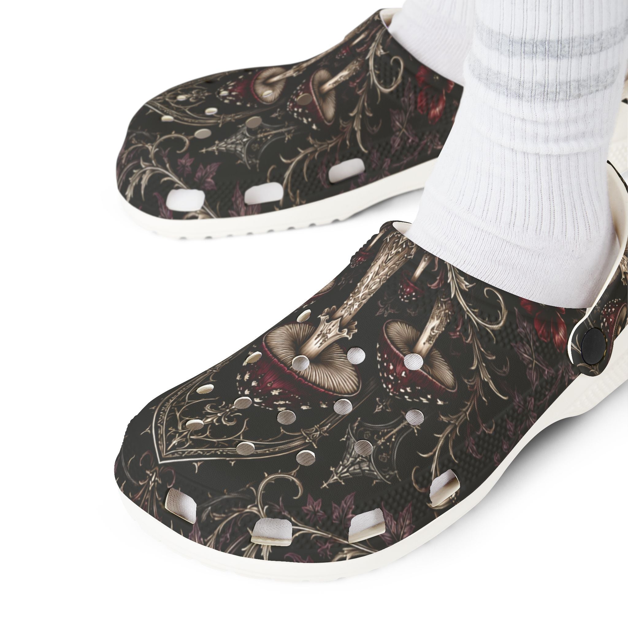 Clogs: Mushroom Garden EVA Foam Clogs — Lightweight Comfort Shoes with Dark Fungi Print