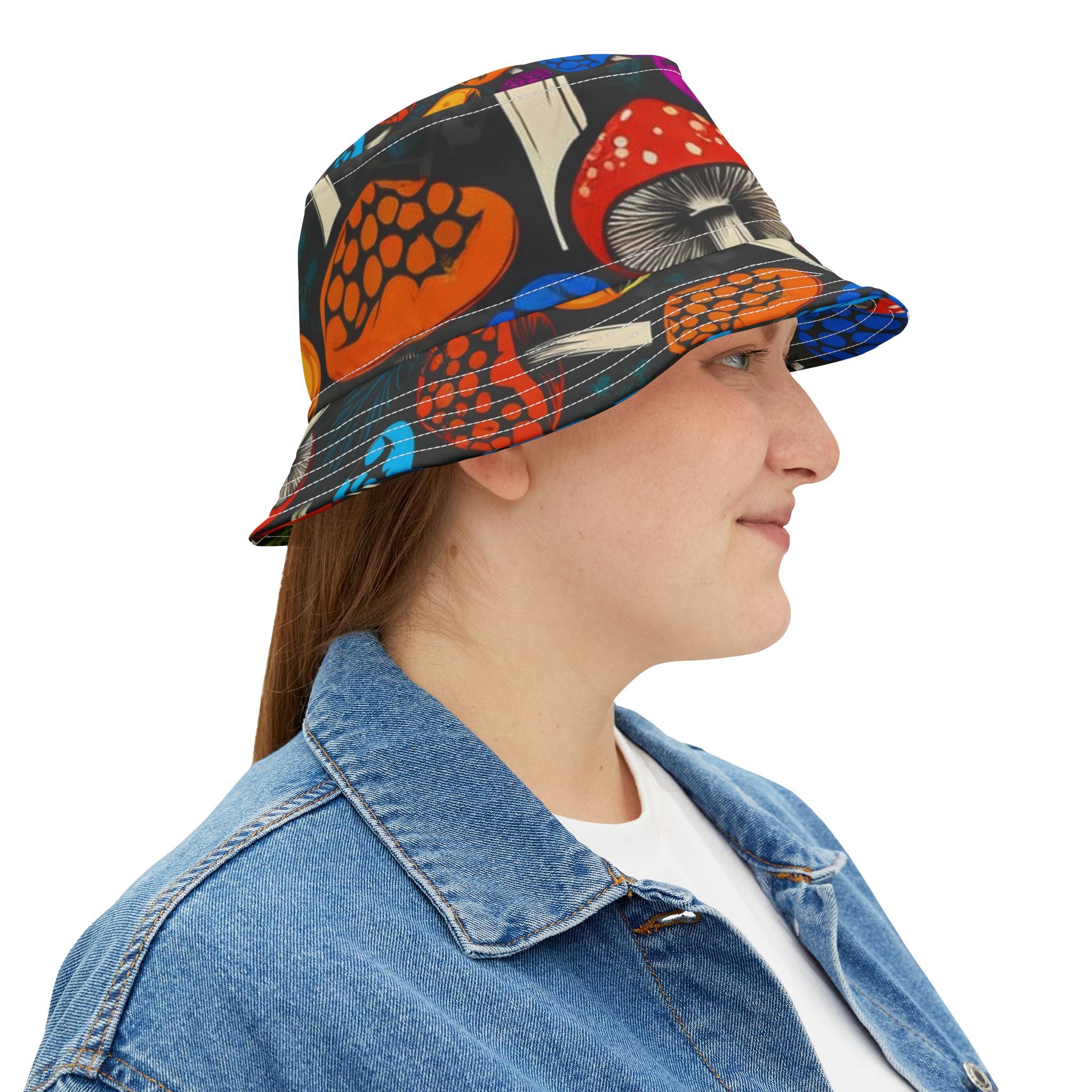 Psychedelic Mushroom Pattern Bucket Hat — Colorful Retro Fungi Print
