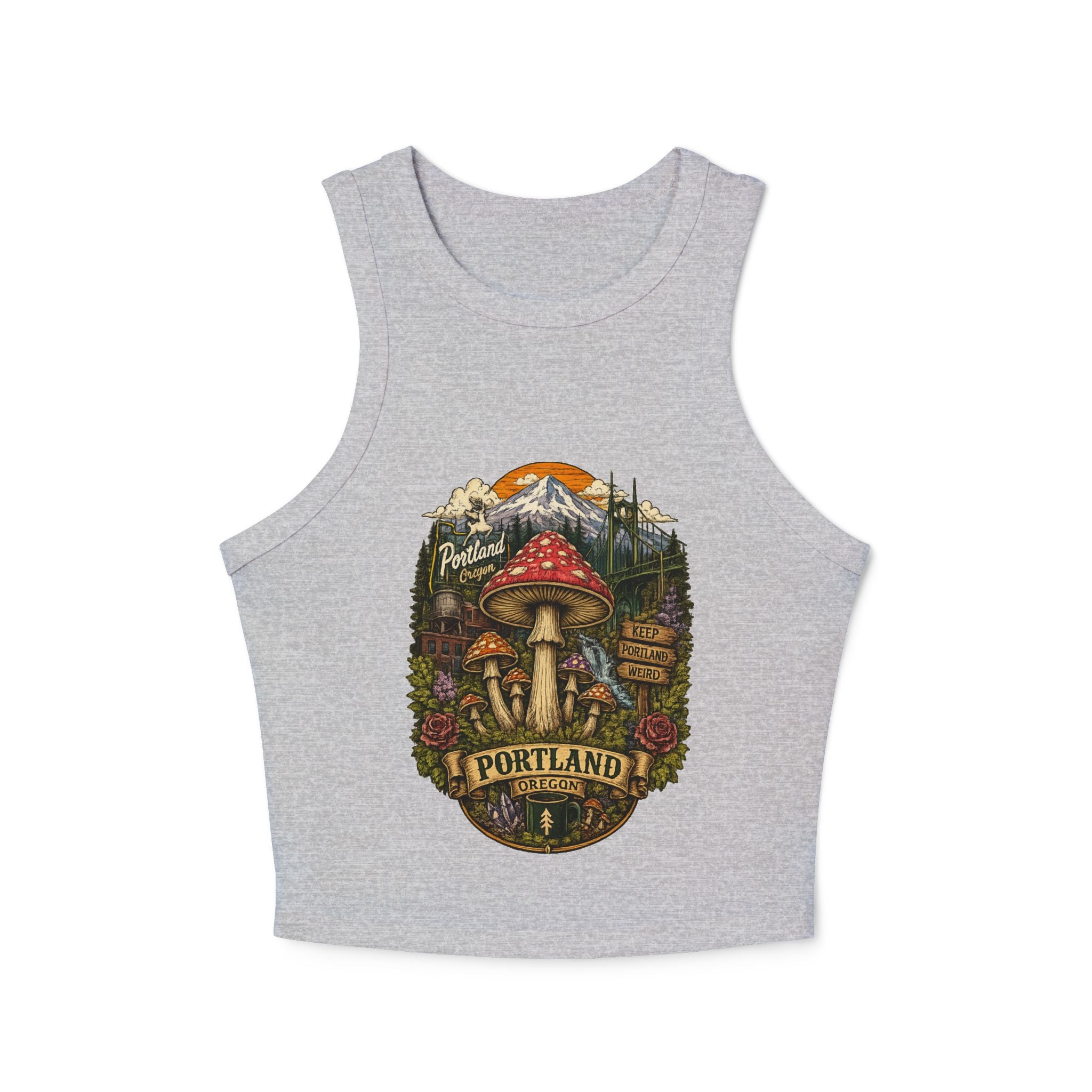 Tank Top: Portland Mushroom Graphic Tank — Women's Crop Racerback Tank Top