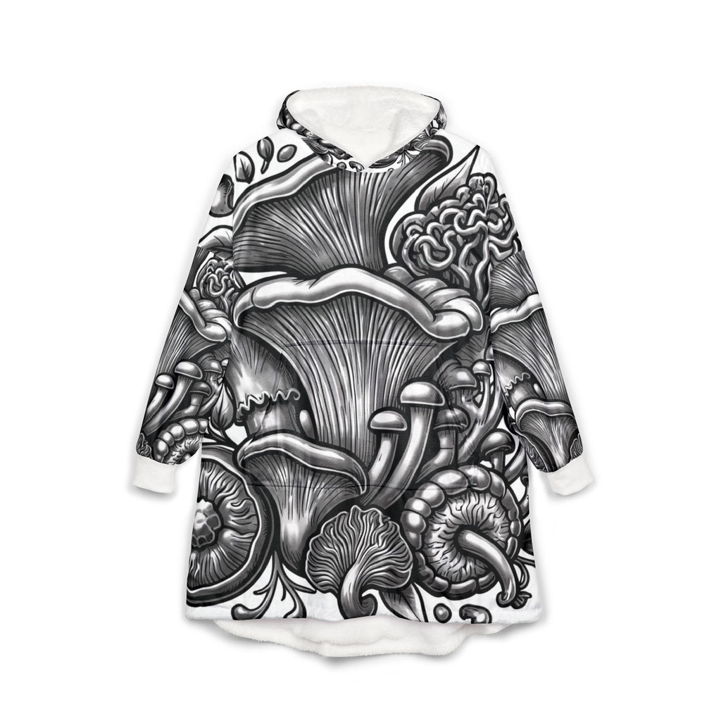 Mushroom Forest Hooded Blanket — Black & White Fungi Illustration Cozy Throw