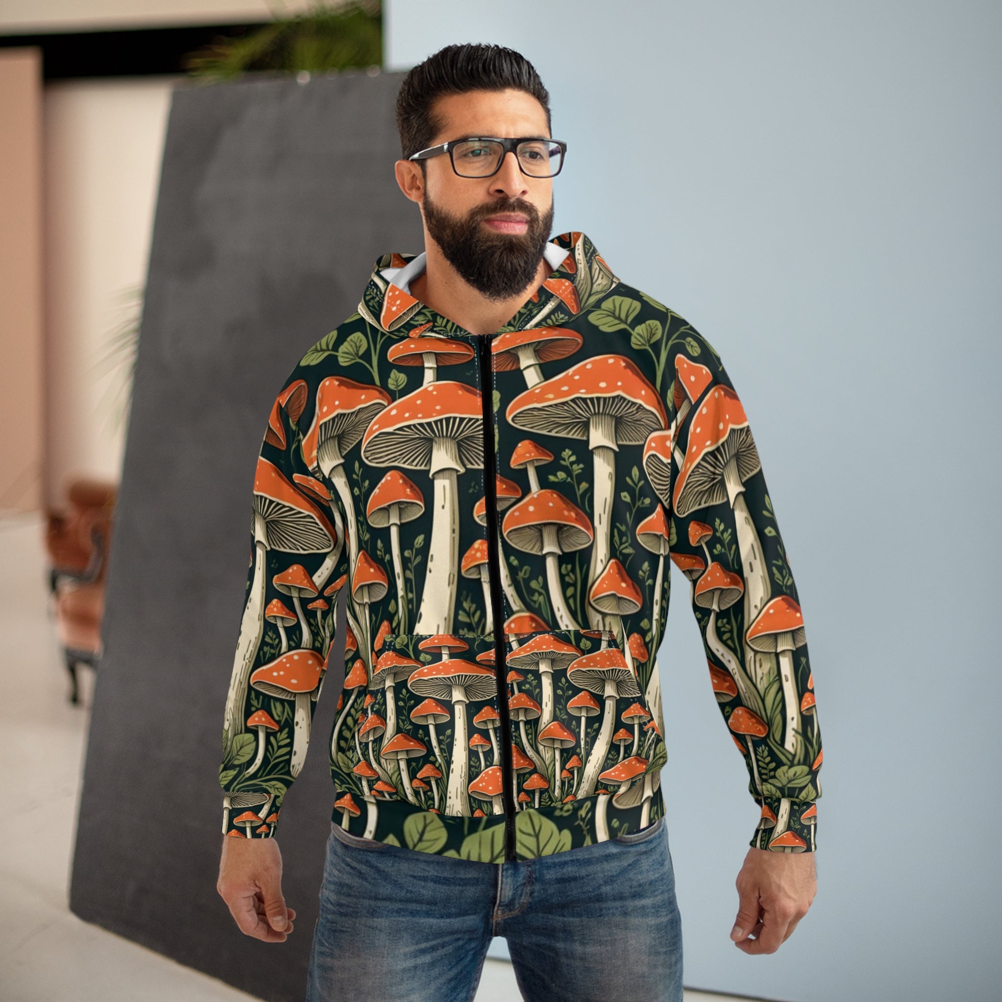 Mushroom Forest Zip Hoodie — All-Over Print Psychedelic Fungi Design