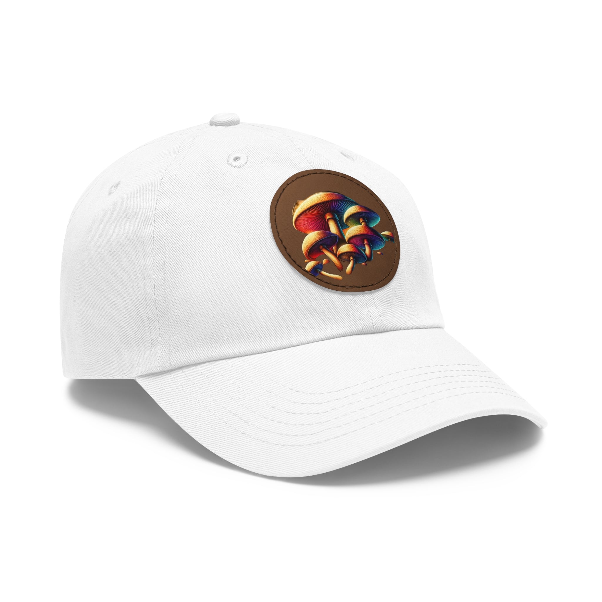 Mushroom Patch Dad Hat — Colorful Psychedelic Fungi Leather Patch Cap