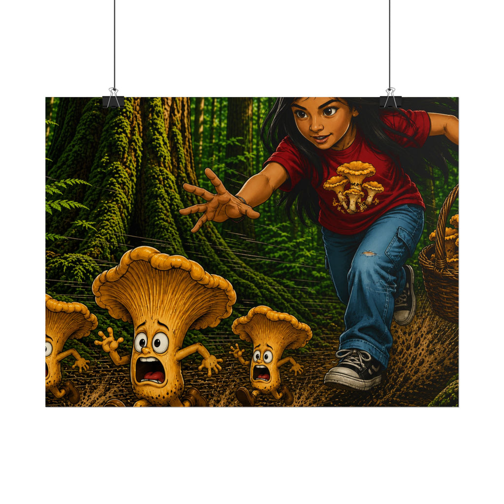 Rolled Poster: Girl Chasing Animated Mushrooms Forest Art Print