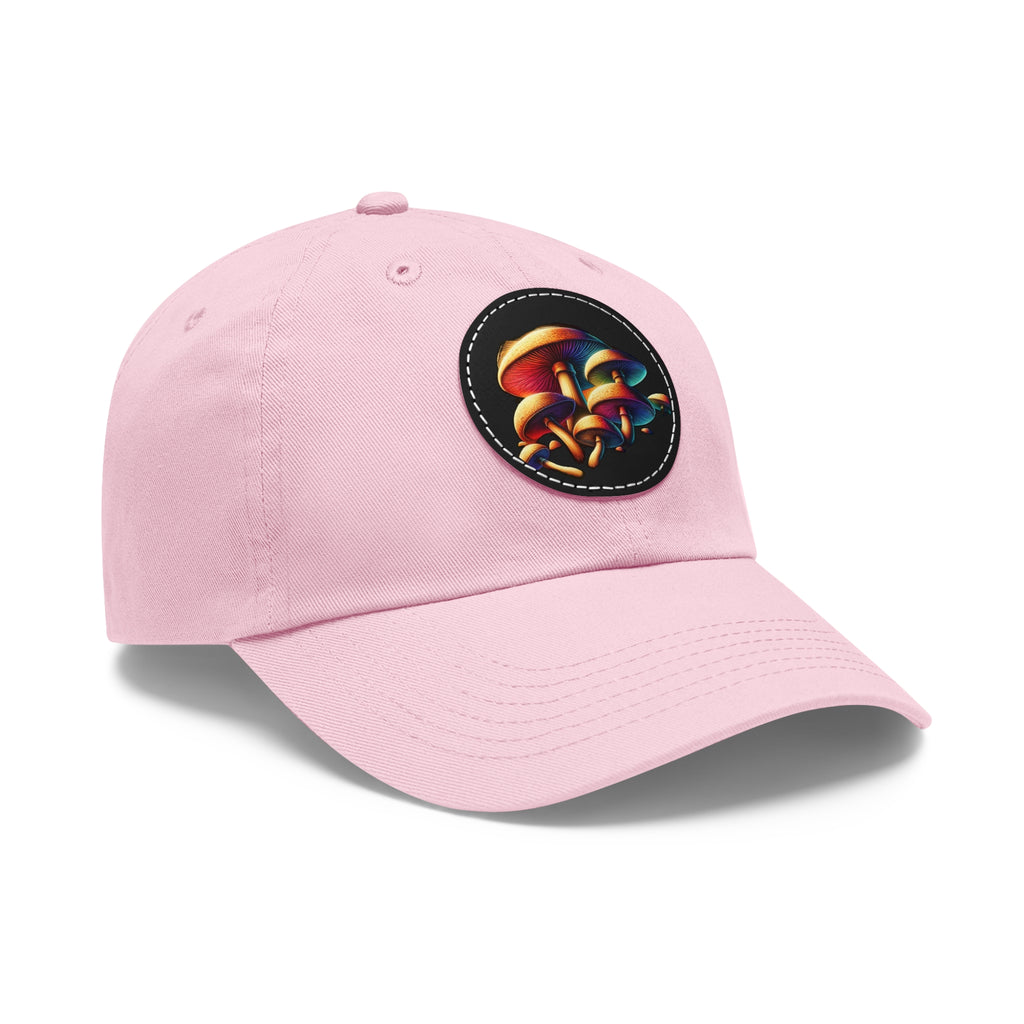 Mushroom Patch Dad Hat — Colorful Psychedelic Fungi Leather Patch Cap