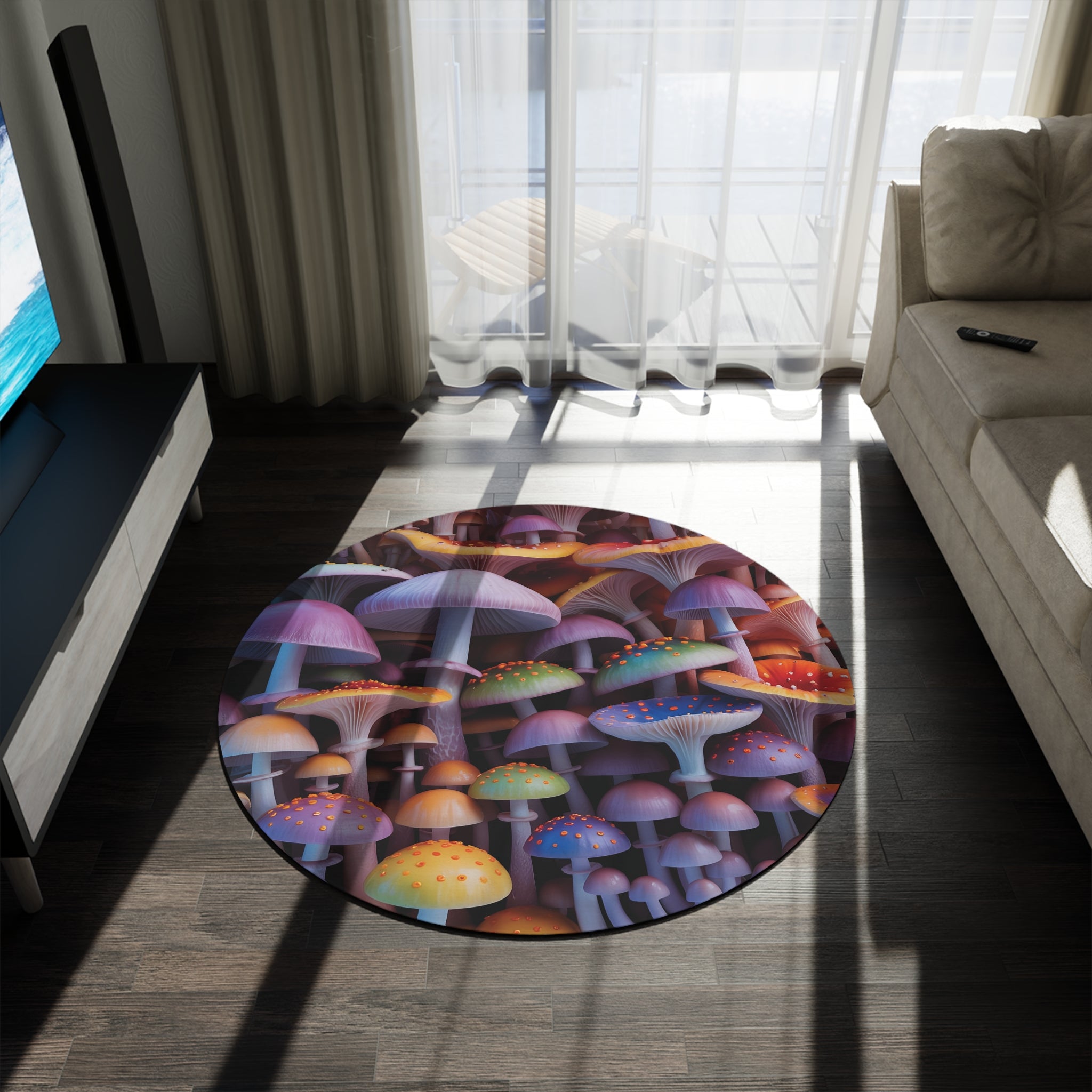 Round Rug: Psychedelic Mushroom Round Rug — Colorful Fantasy Floor Mat for Boho, Kids & Dorm Decor