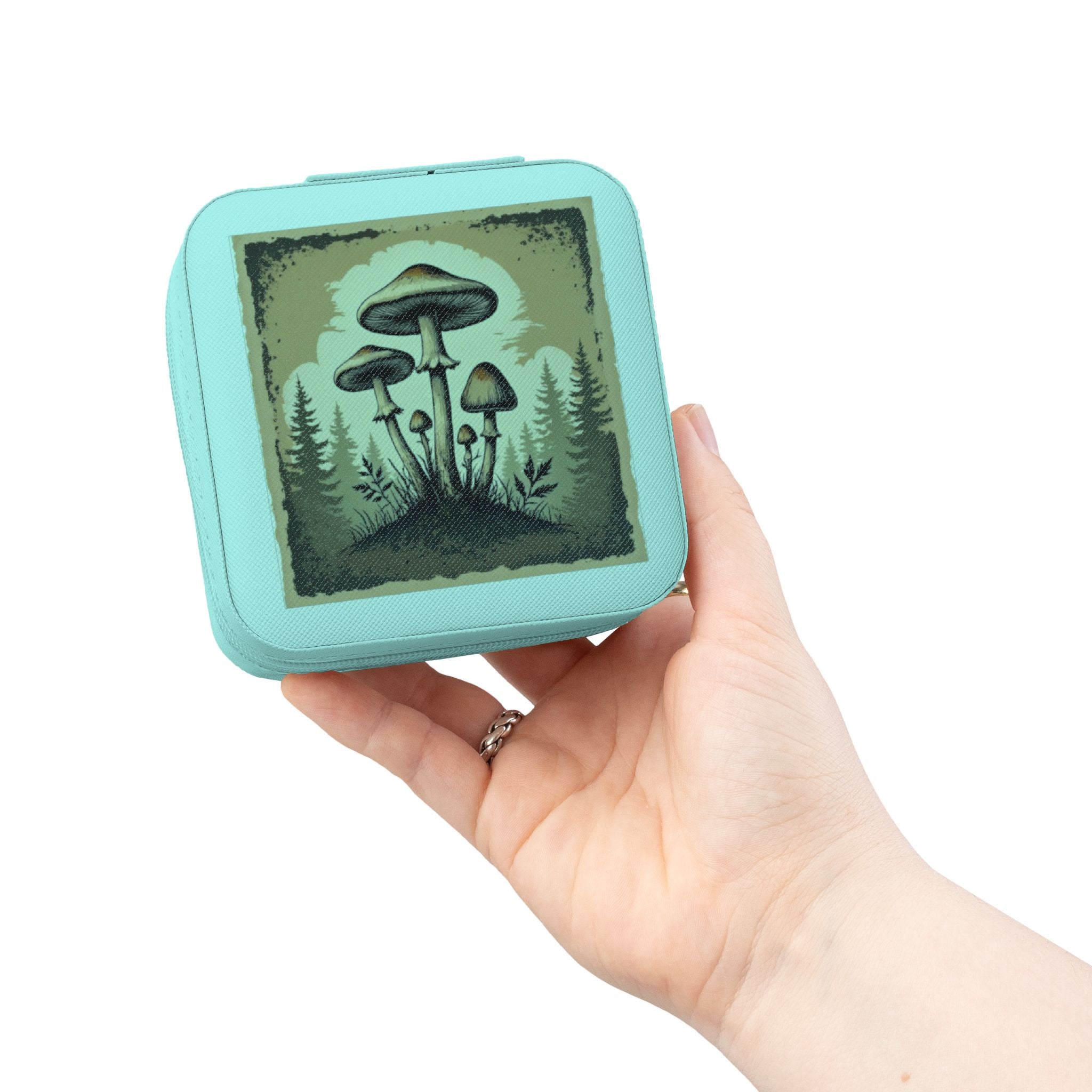 Mushroom Forest Jewelry Travel Case — Compact Velvet-Lined Organizer