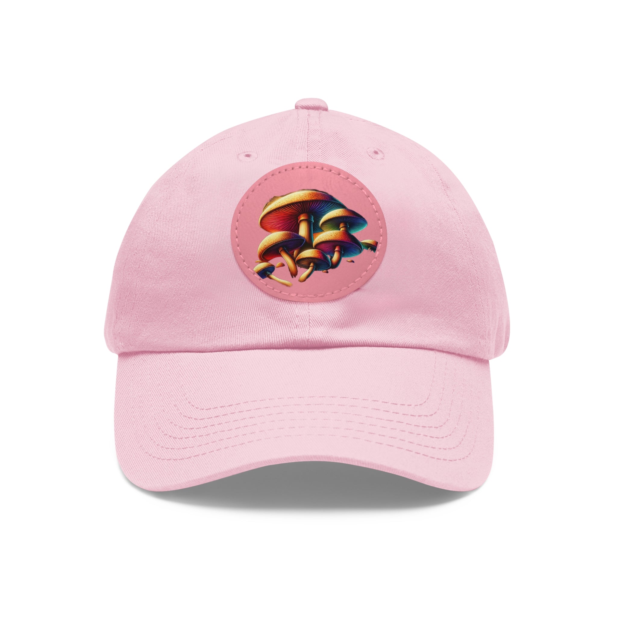 Mushroom Patch Dad Hat — Colorful Psychedelic Fungi Leather Patch Cap