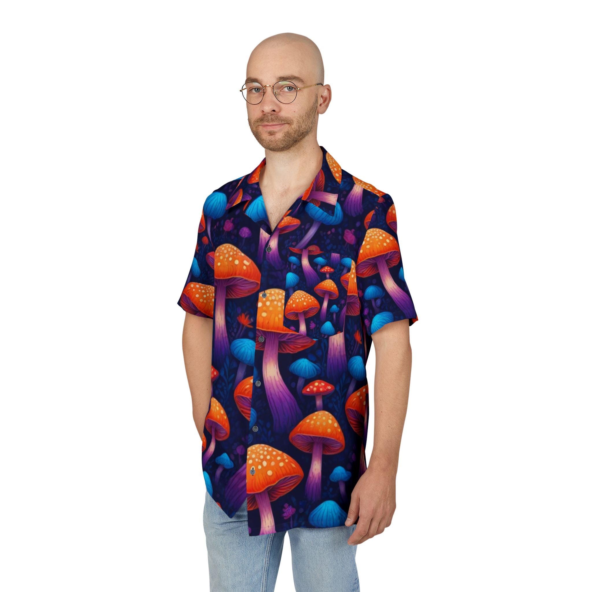 Psychedelic Mushroom Hawaiian Shirt — Neon Orange & Purple AOP Button-Down