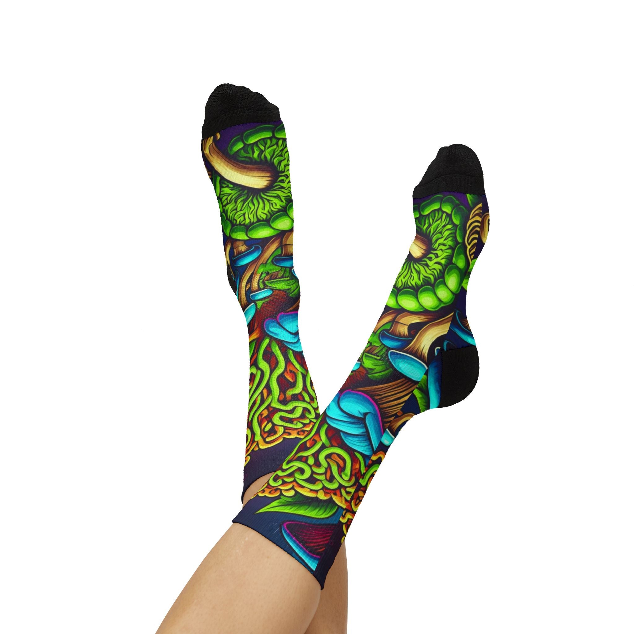Socks: Psychedelic Mushroom Socks — Vibrant Green Fungi Sublimation Crew Socks