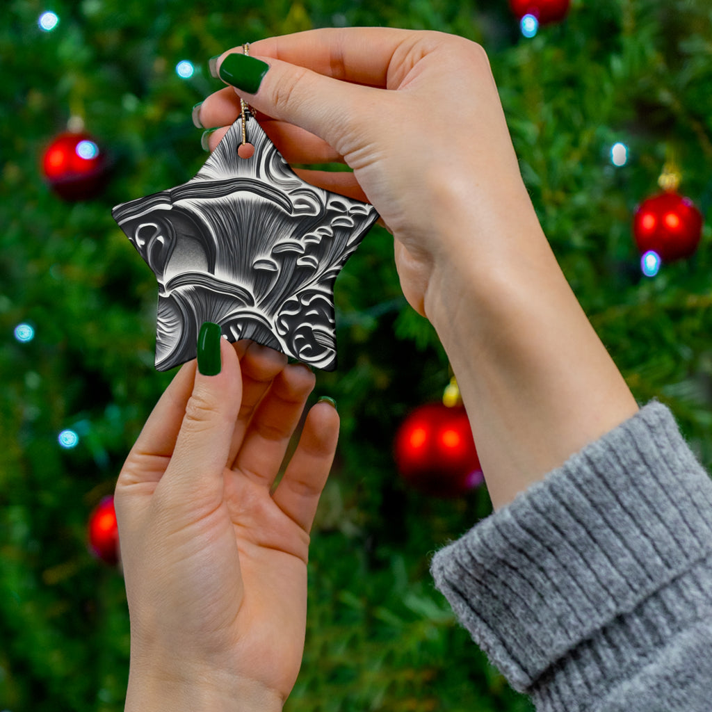 Ceramic Ornament: Black & White Mushroom Ceramic Ornament — Star-Shaped Decorative Holiday Keepsake