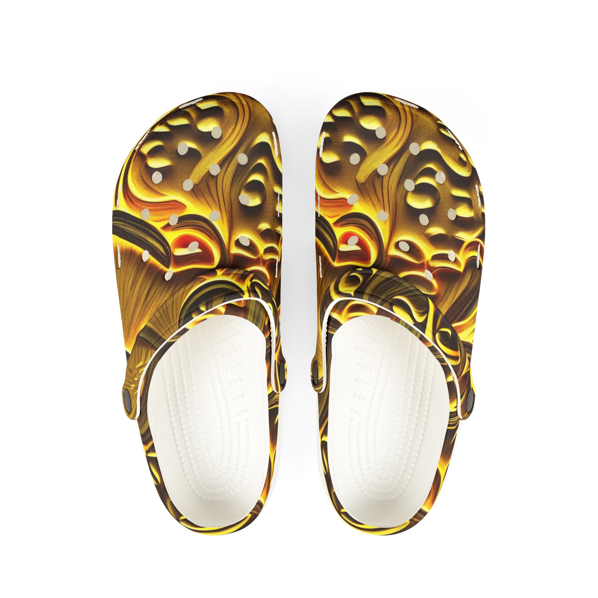Clogs: Golden Swirl EVA Foam Clogs — Abstract Metallic Pattern Slip-Ons