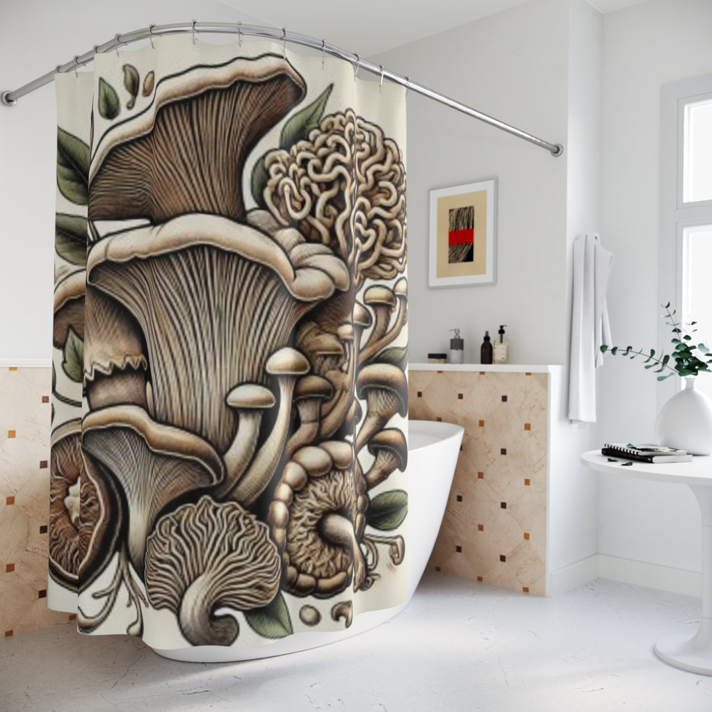 Mushroom Garden Shower Curtain — Botanical Fungi Illustration Bathroom Decor