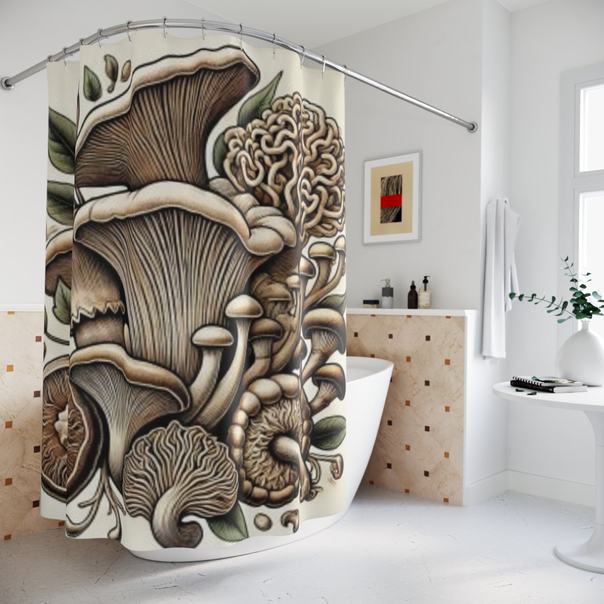 Mushroom Garden Shower Curtain — Botanical Fungi Illustration Bathroom Decor