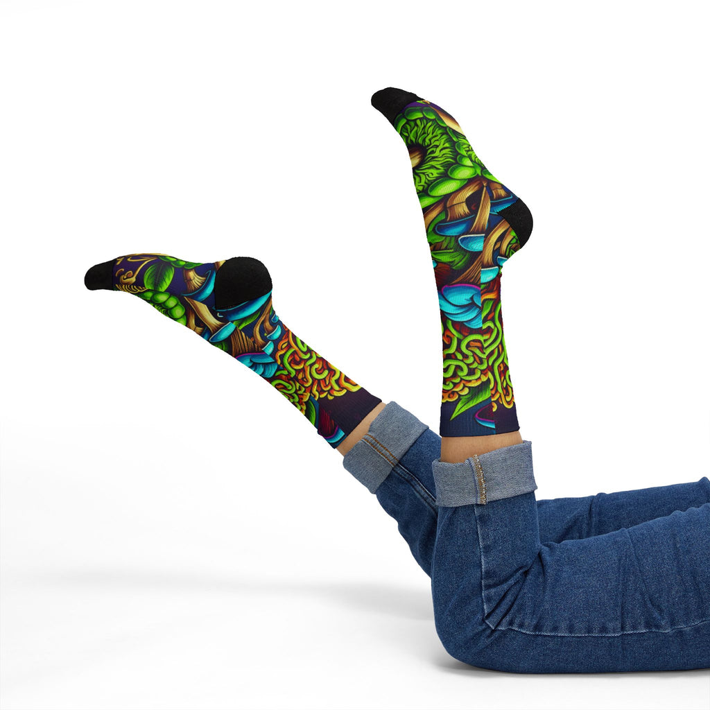 Socks: Psychedelic Mushroom Socks — Vibrant Green Fungi Sublimation Crew Socks