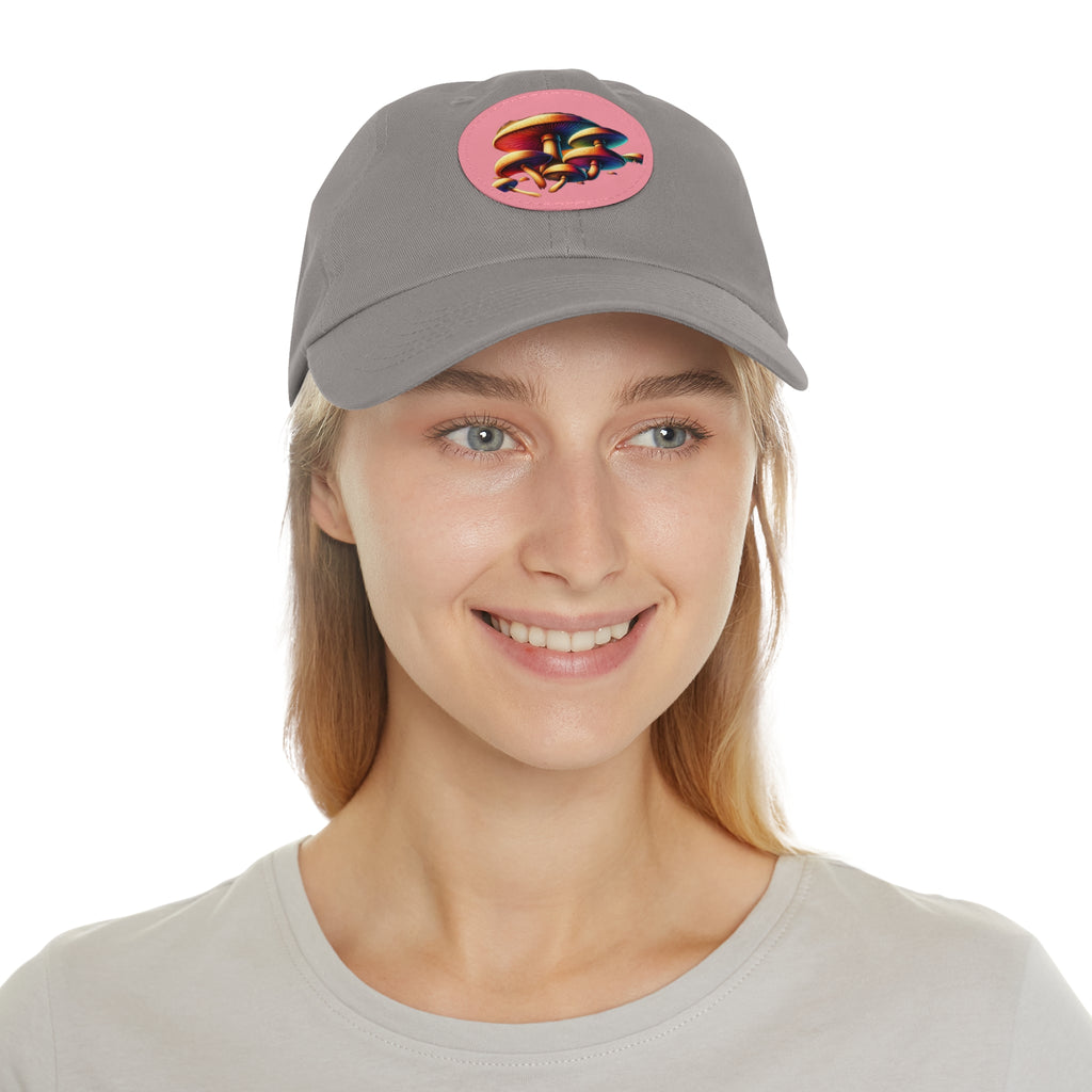 Mushroom Patch Dad Hat — Colorful Psychedelic Fungi Leather Patch Cap