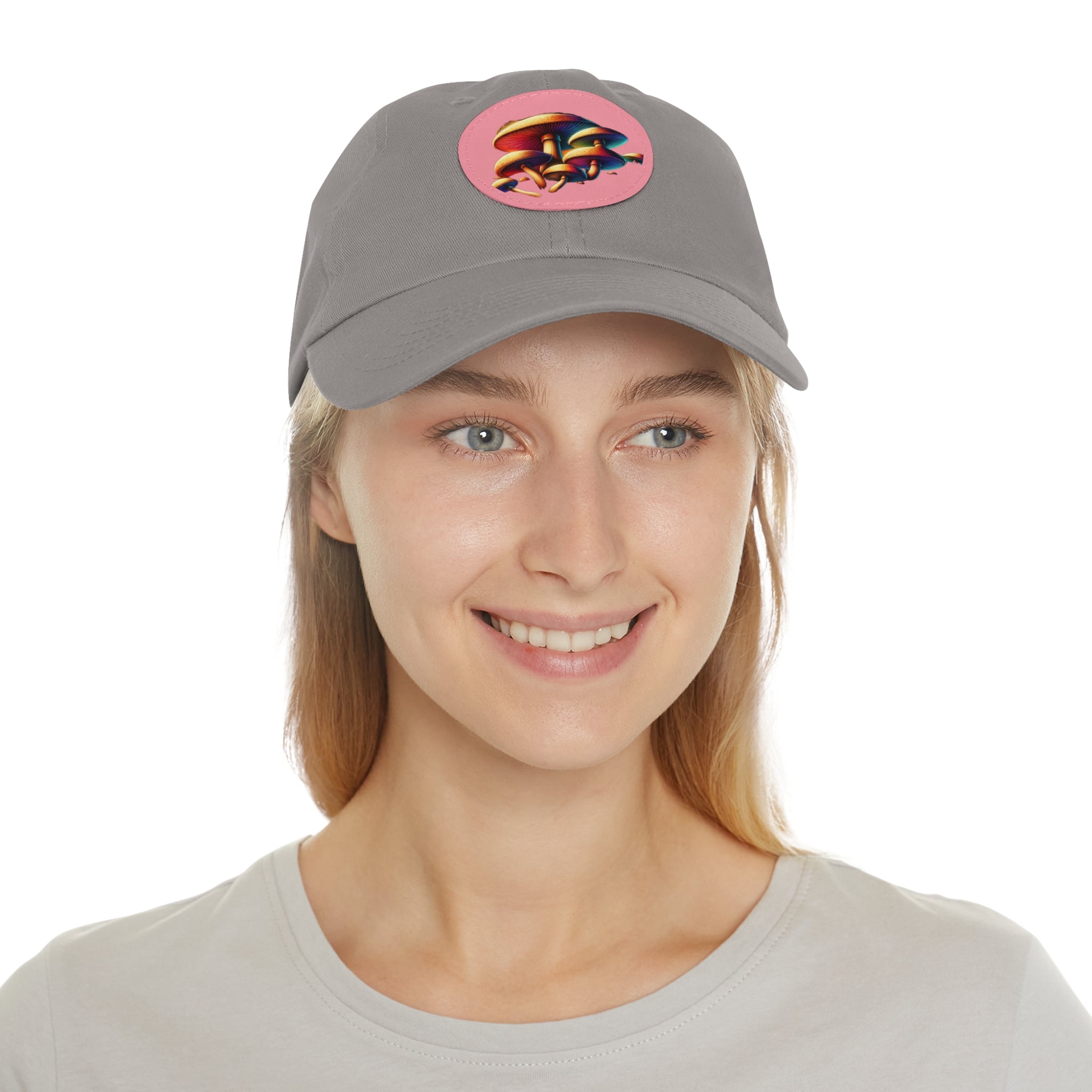 Mushroom Patch Dad Hat — Colorful Psychedelic Fungi Leather Patch Cap