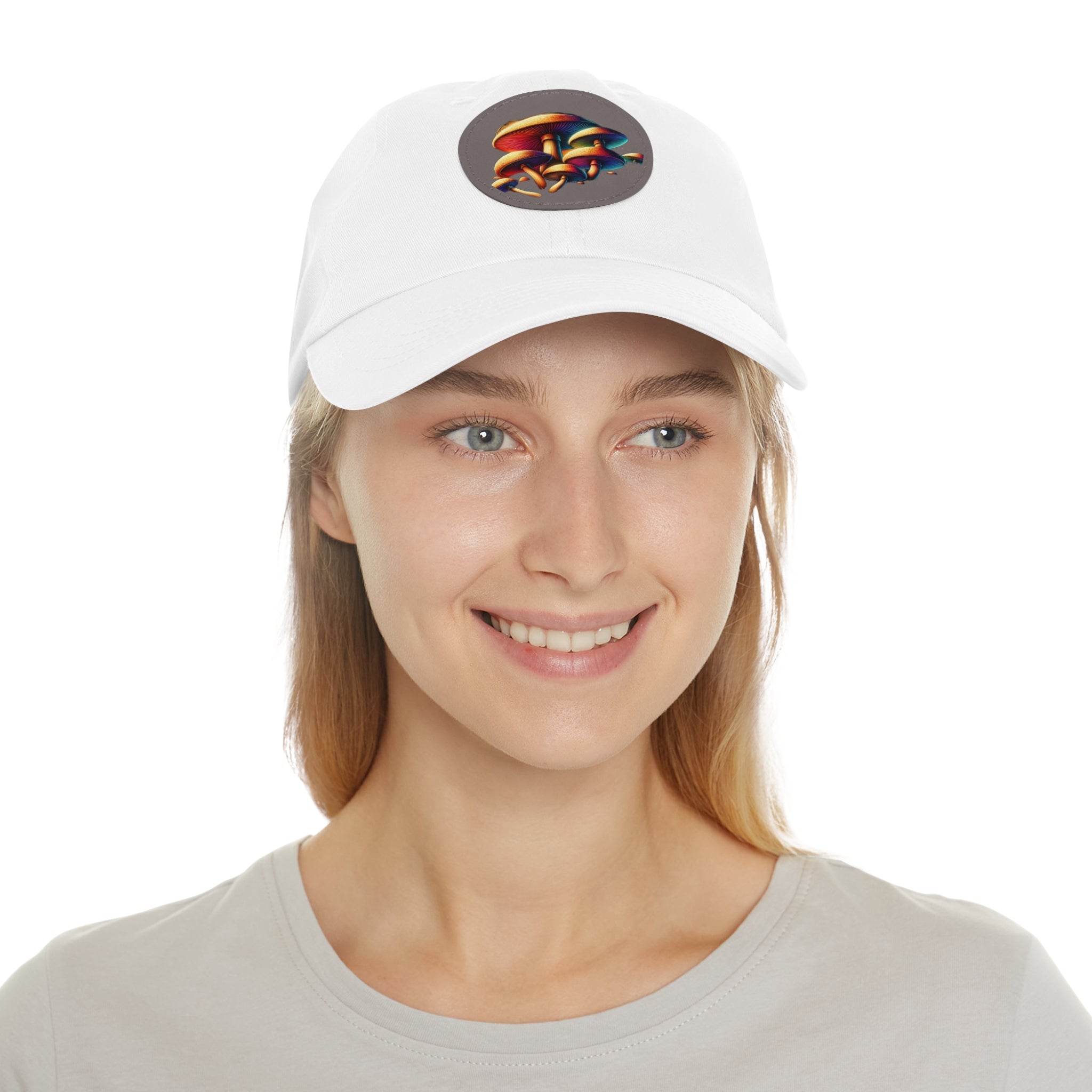 Mushroom Patch Dad Hat — Colorful Psychedelic Fungi Leather Patch Cap