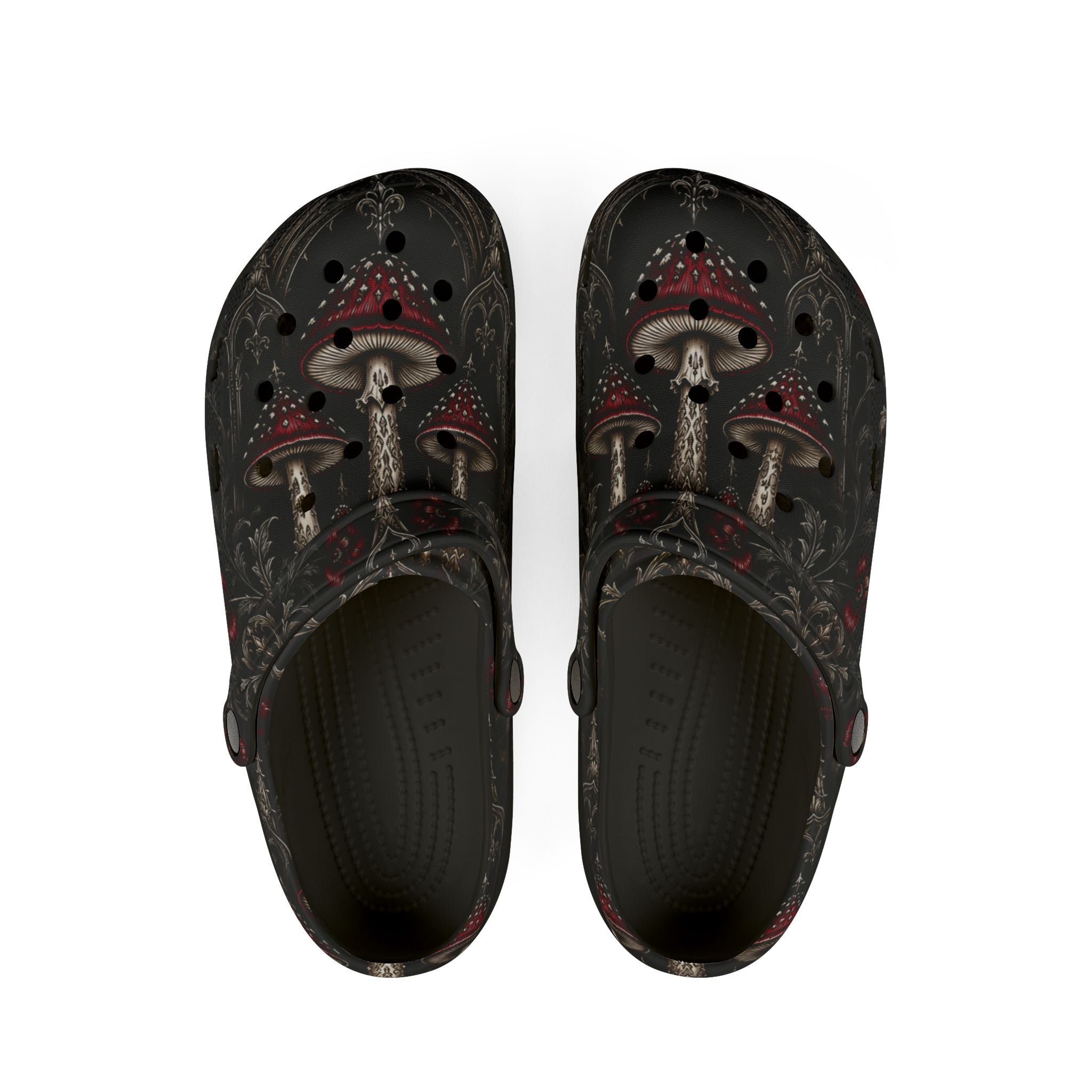 Clogs: Mushroom Garden EVA Foam Clogs — Whimsical Red Toadstool Print