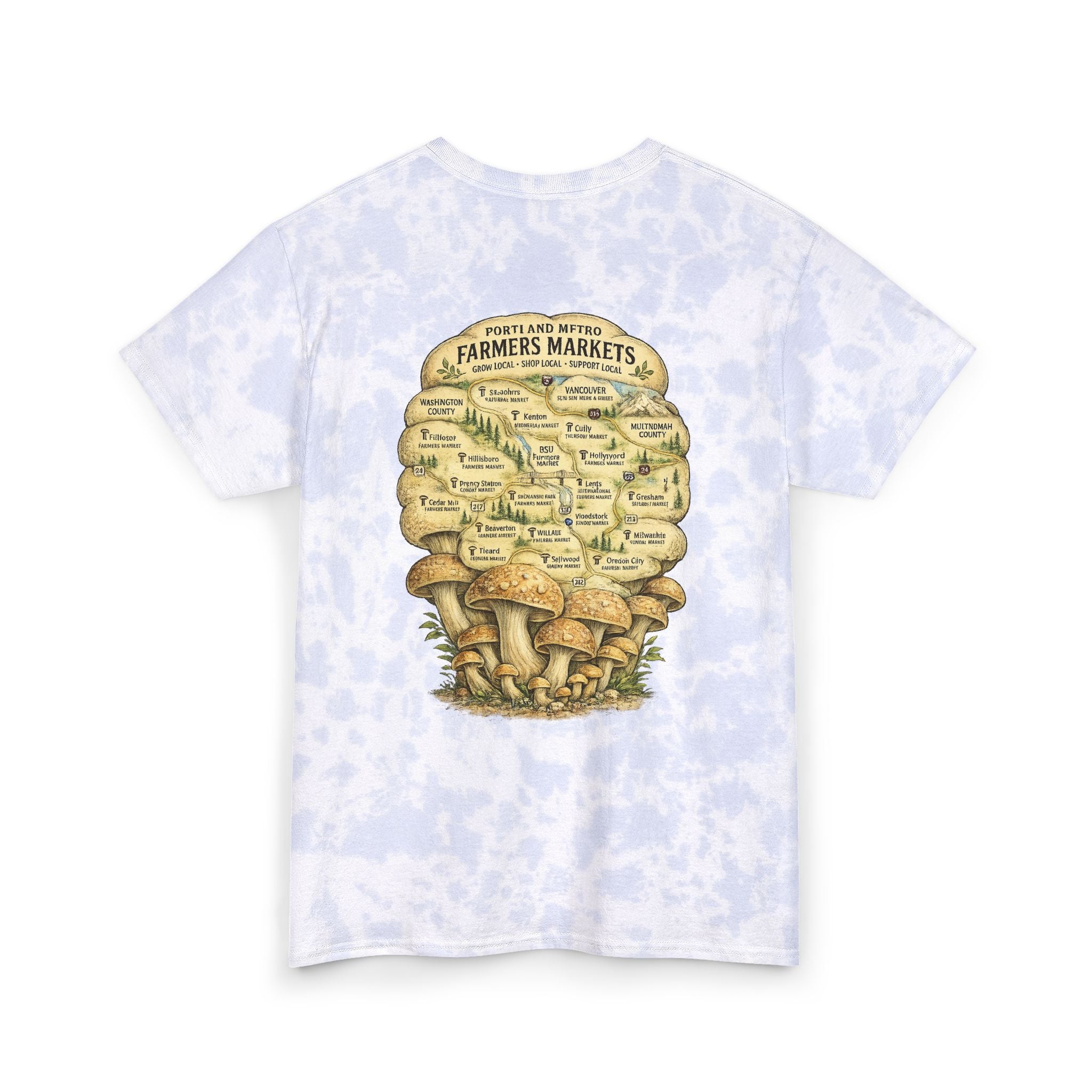 Tie-Dye T-Shirt — Vintage Mushroom Skull Scenic Print (Farmers Market Map)