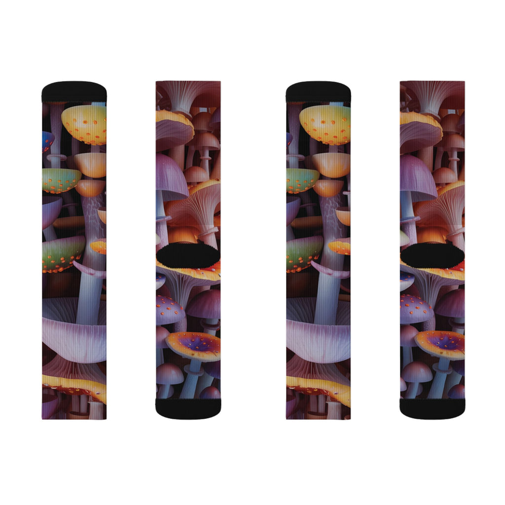 Socks: Mushroom Forest Sublimation Socks — Colorful Psychedelic Fungi Crew Socks