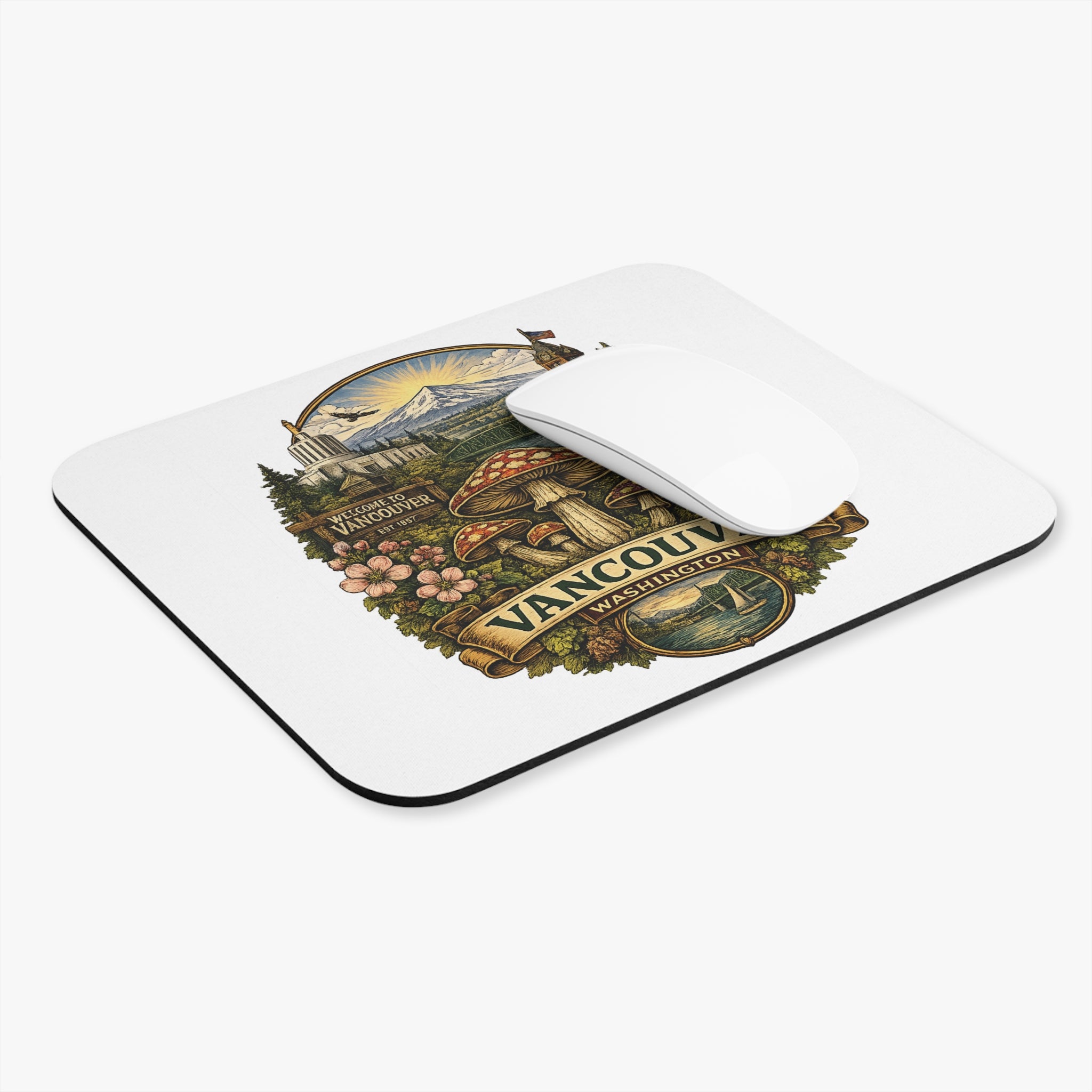 Vancouver Washington Scenic Mouse Pad — Retro Mushroom & Mount Hood Desk Mat