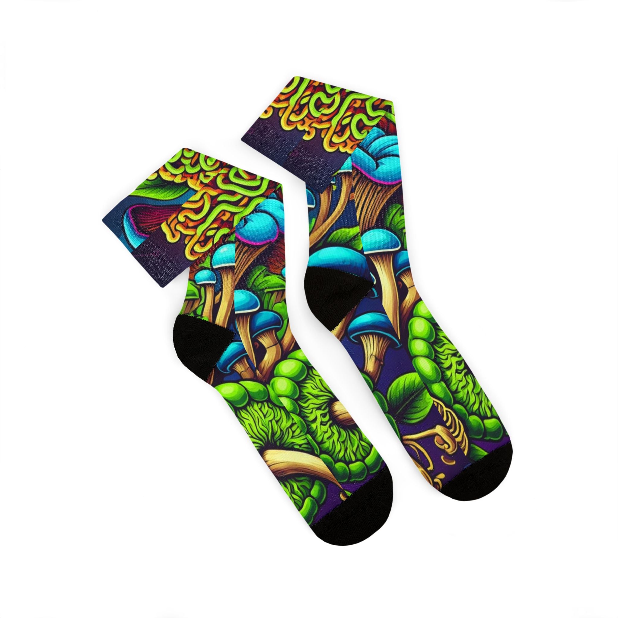 Socks: Psychedelic Mushroom Socks — Vibrant Green Fungi Sublimation Crew Socks