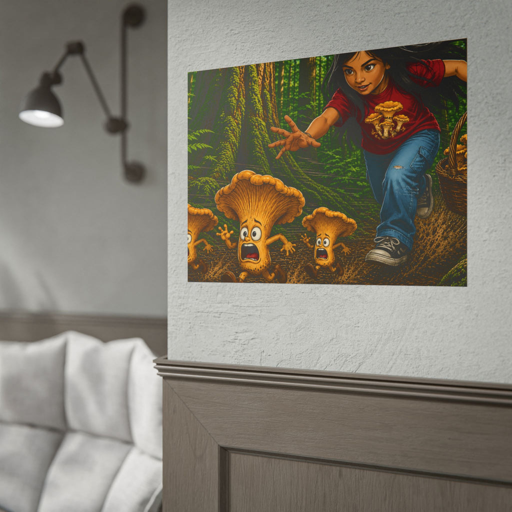 Rolled Poster: Girl Chasing Animated Mushrooms Forest Art Print