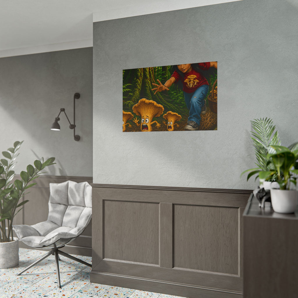 Rolled Poster: Girl Chasing Animated Mushrooms Forest Art Print