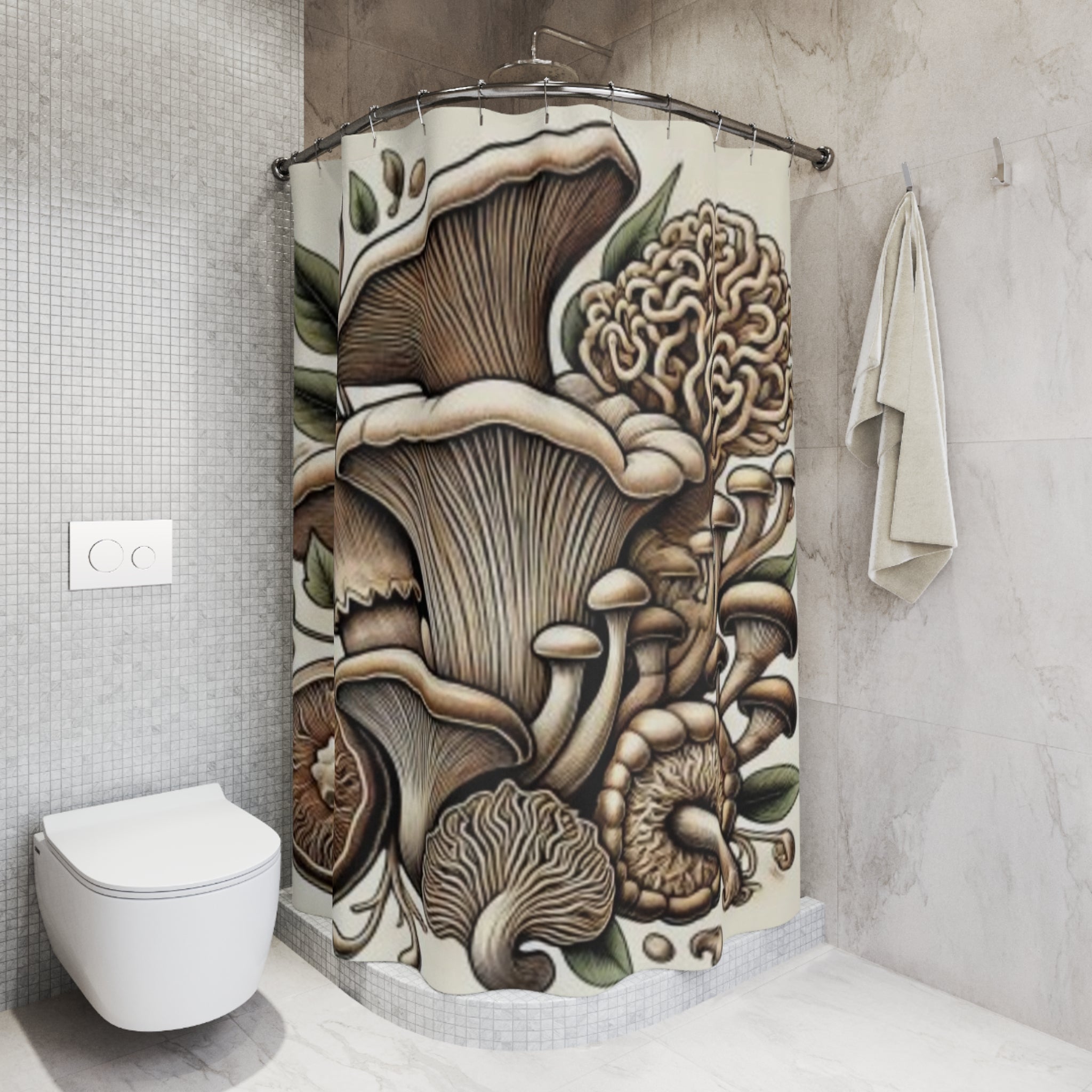Mushroom Garden Shower Curtain — Botanical Fungi Illustration Bathroom Decor