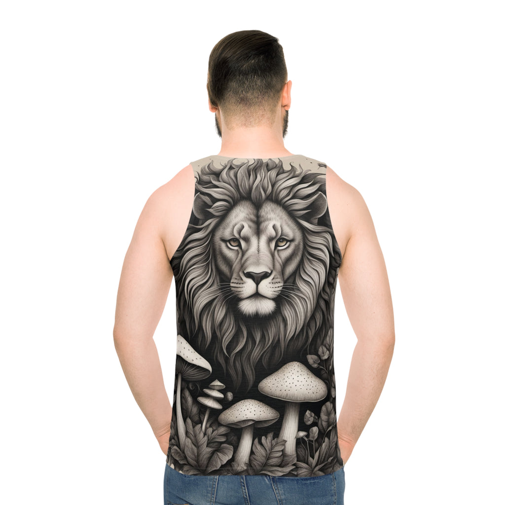 Lion and Mushrooms All-Over Print Tank Top — Monochrome Majestic Forest Vibe