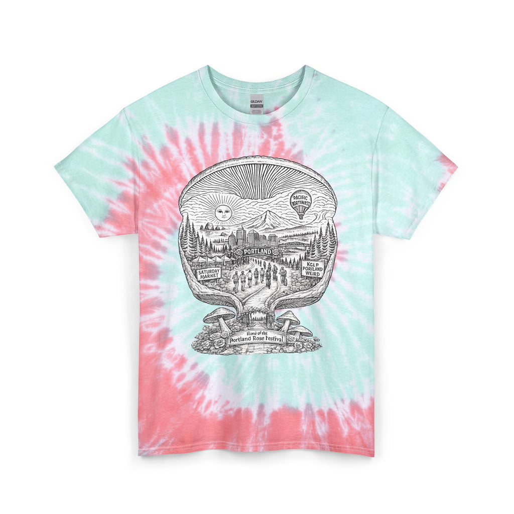 T-Shirt: Tie Dye Tee — Scenic Skull Illustration | Farmers Market Mushroom Map