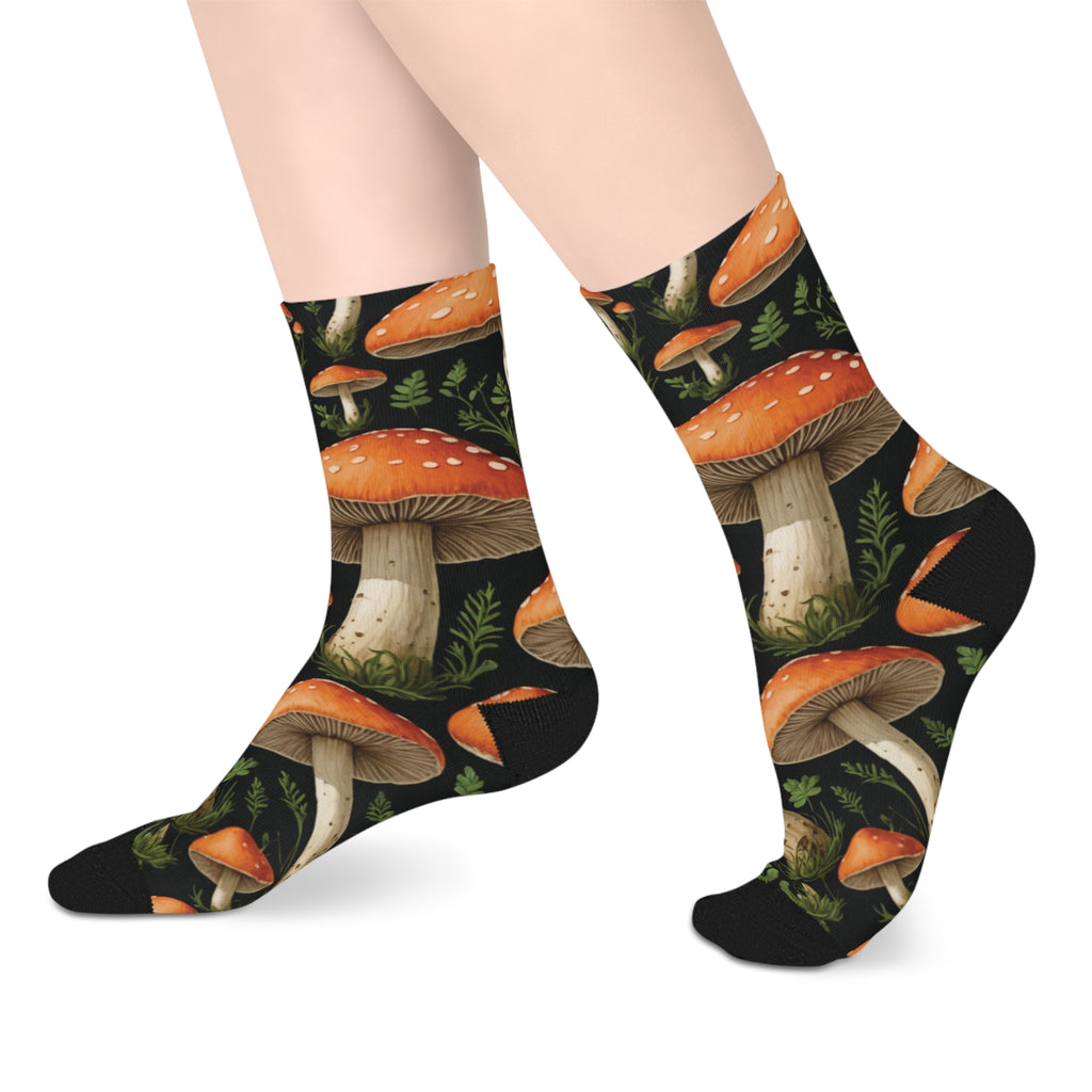Mushroom Forest Mid-Length Socks — Autumn Toadstool Crew Socks