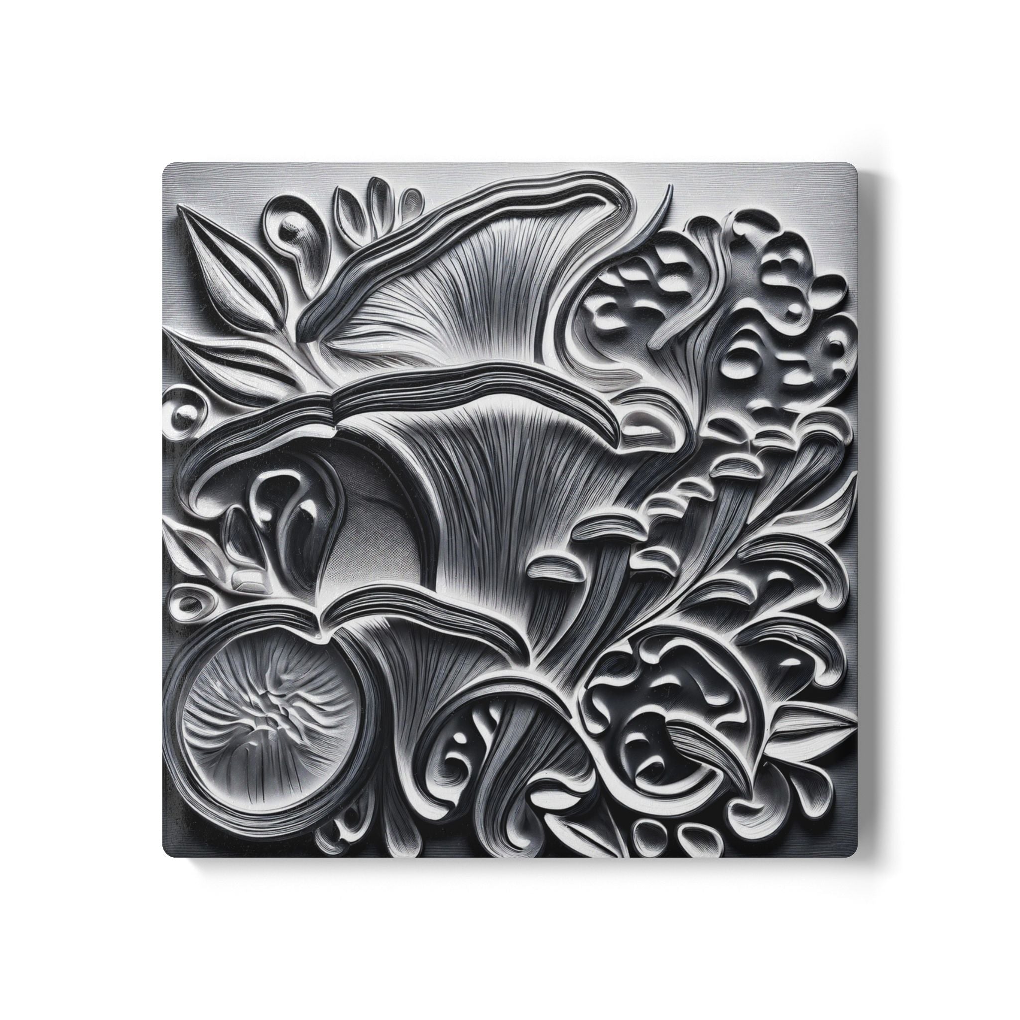 Ceramic Coaster: Black & Silver Floral Relief Design, Elegant Gothic Home Decor
