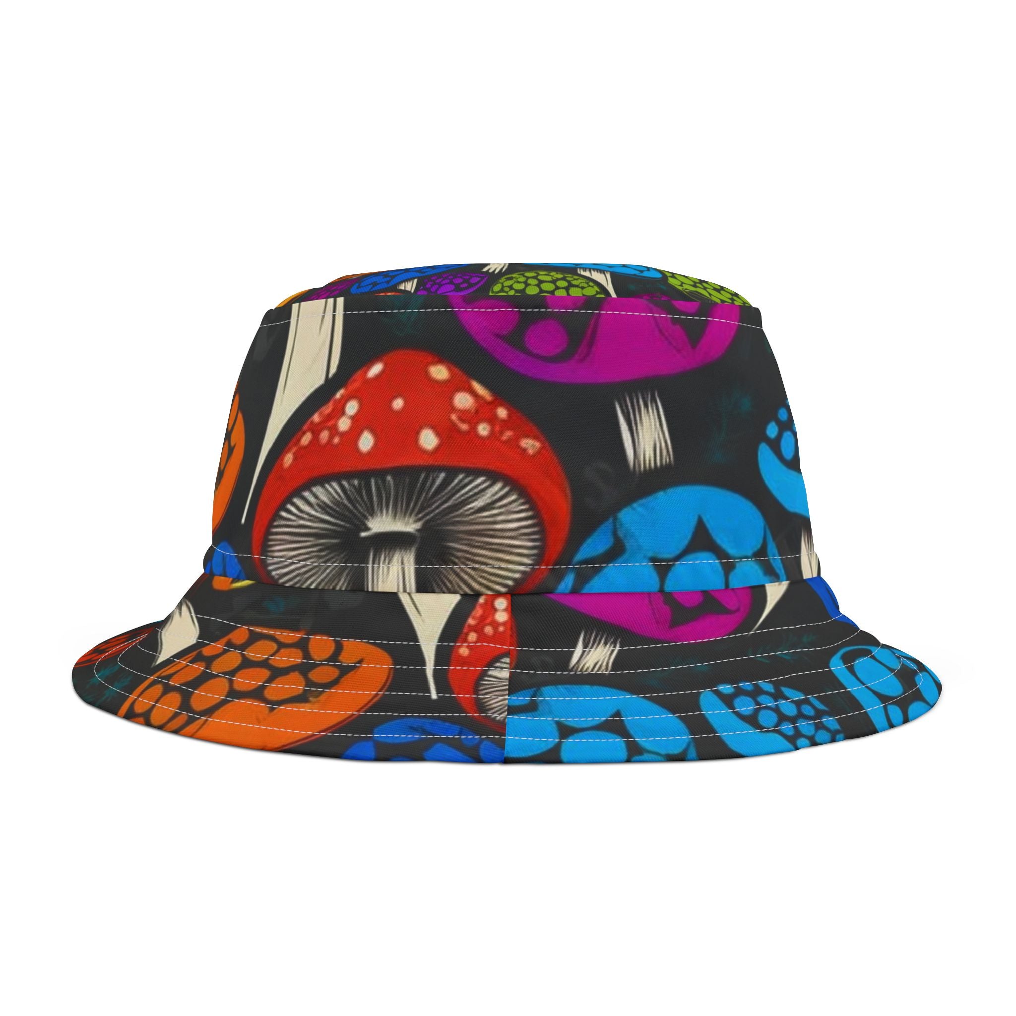 Psychedelic Mushroom Pattern Bucket Hat — Colorful Retro Fungi Print