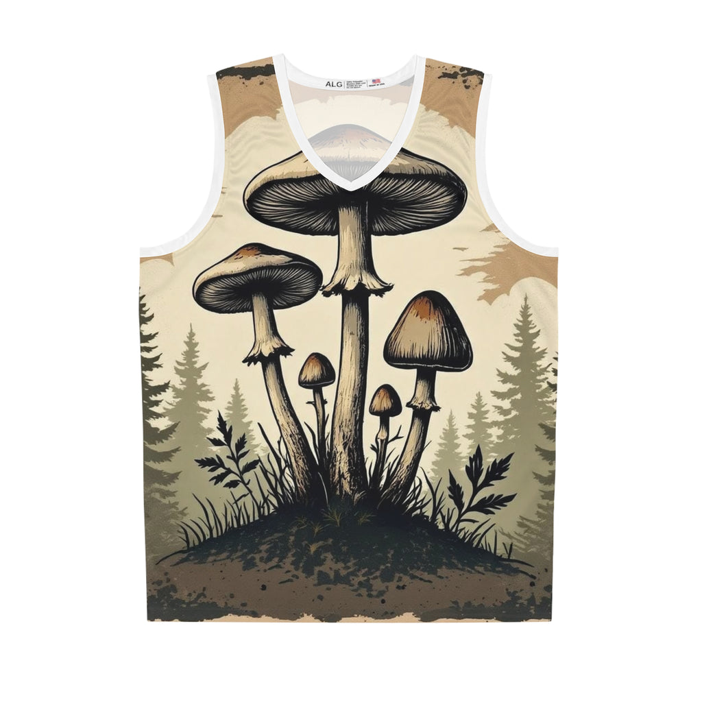 Camiseta de baloncesto Mushroom Forest — Estampado psicodélico vintage de hongos por toda la prenda