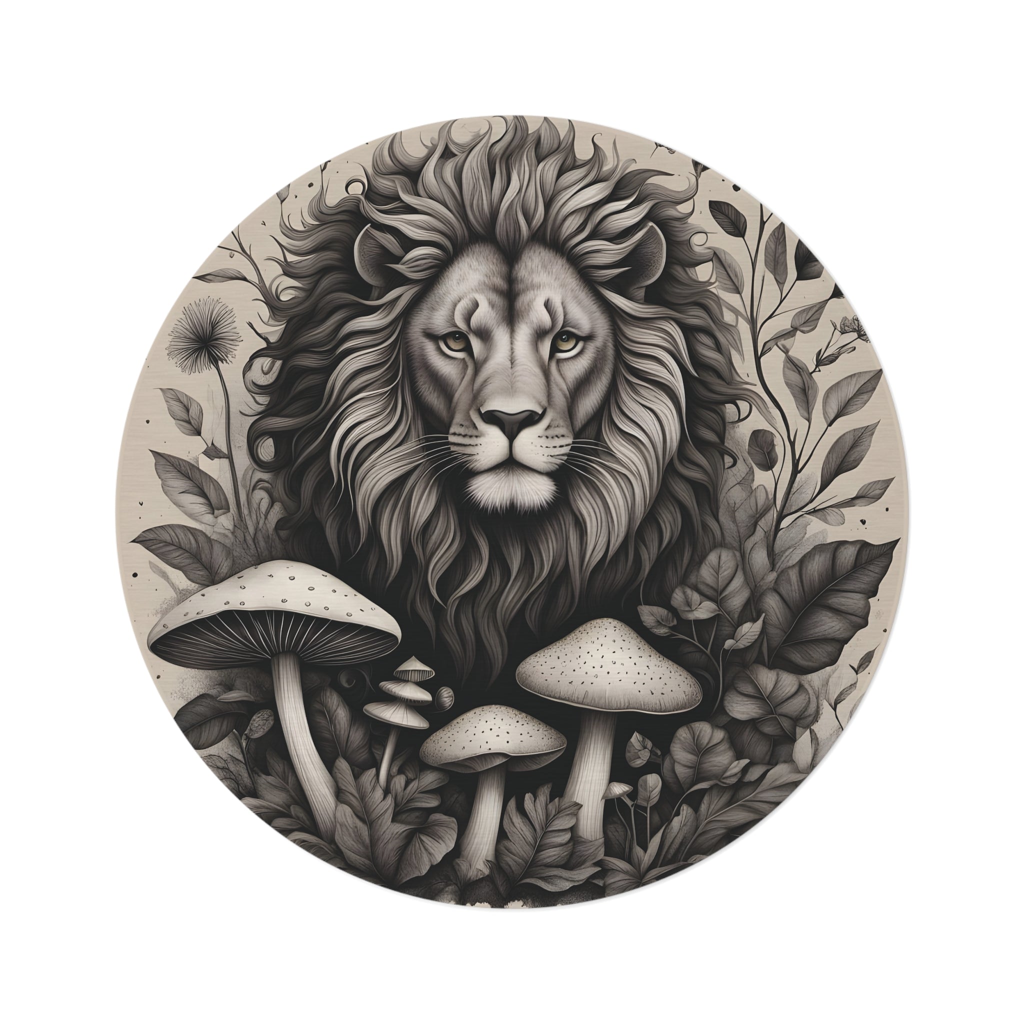Lion & Mushrooms Round Rug — Boho Botanical Animal Floor Decor