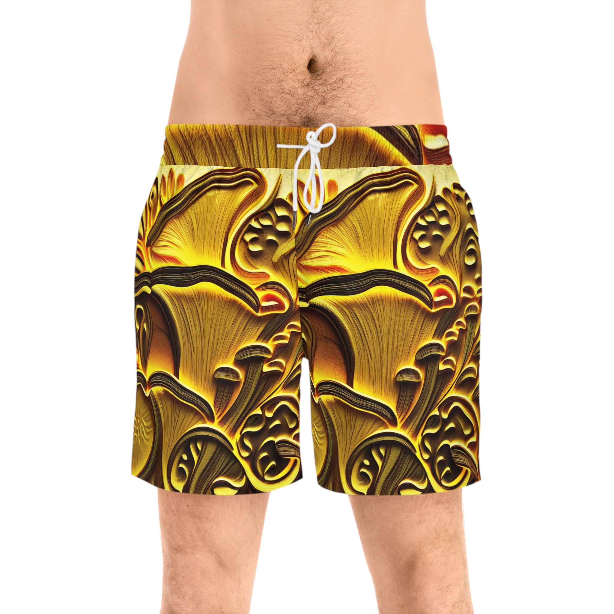 Gold Mushroom Pattern Swim Shorts — Men's Mid-Length Beach Trunks