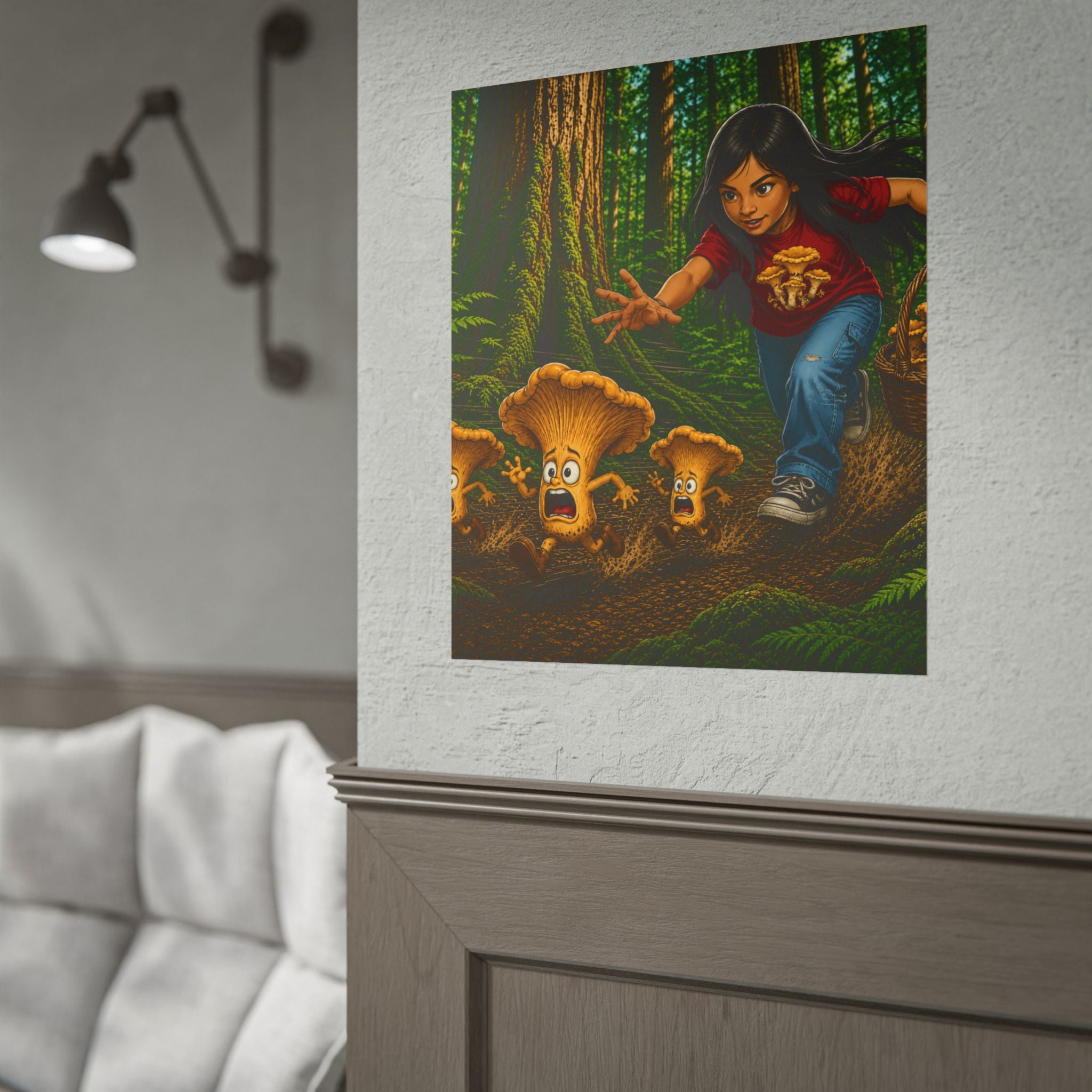 Rolled Poster: Girl Chasing Animated Mushrooms Forest Art Print