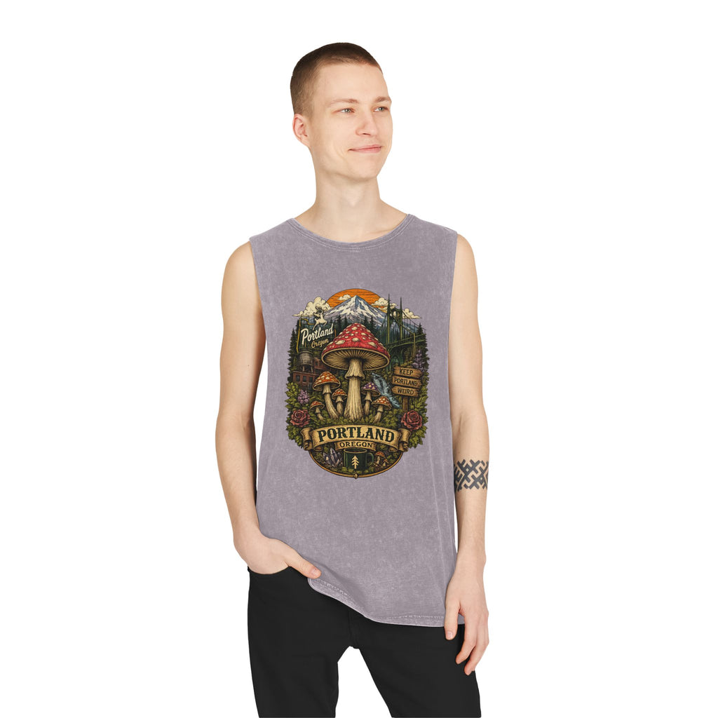 City: Portland Tank Top: Mushroom Graphic Tank — Stonewash Vintage Nature Tank Top